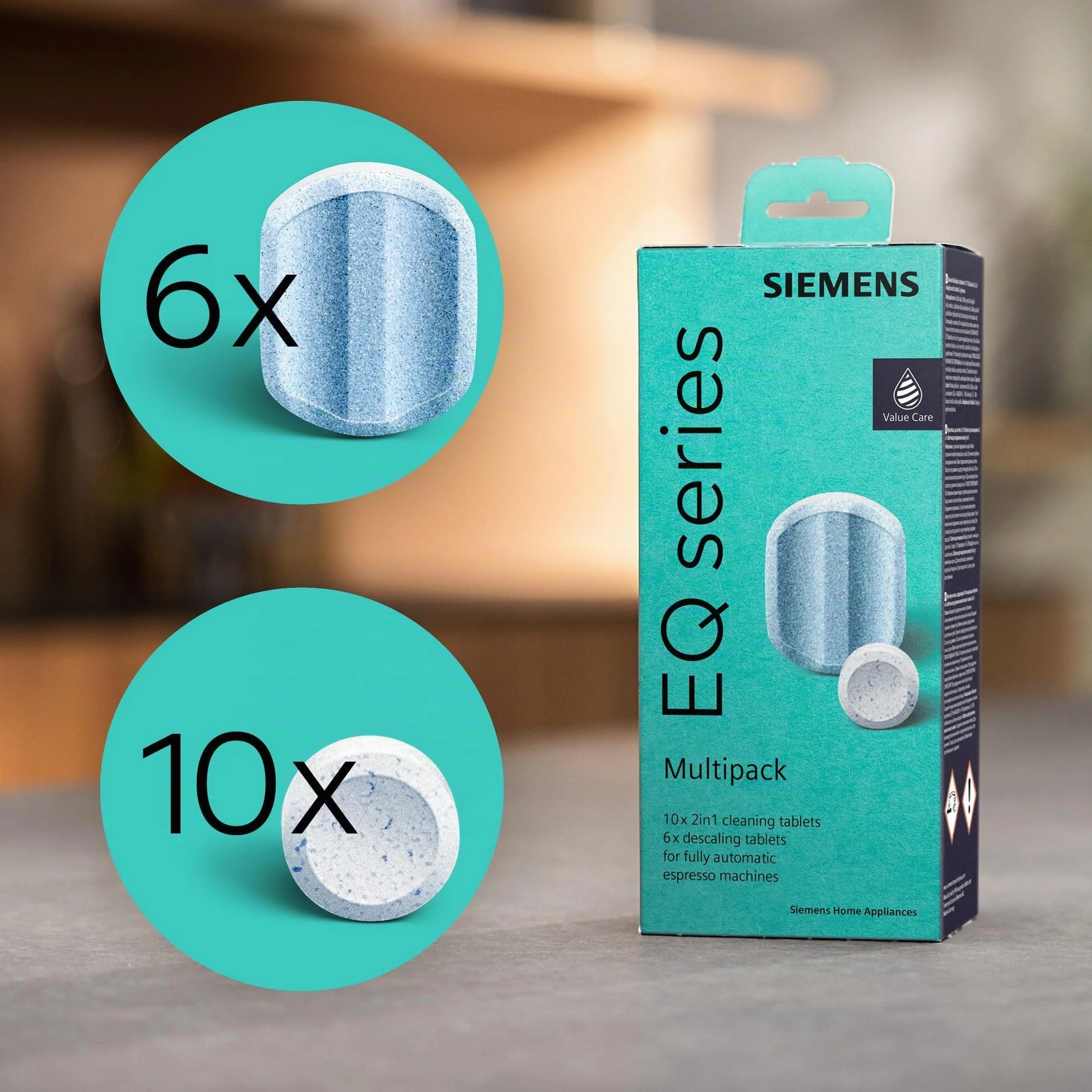 Siemens Multipack TZ80003A - Pastillas de limpieza (10 unidades, 6 pastillas descalcificadoras, apto para cafeteras automáticas de la serie EQ, así como para máquinas automáticas de montaje