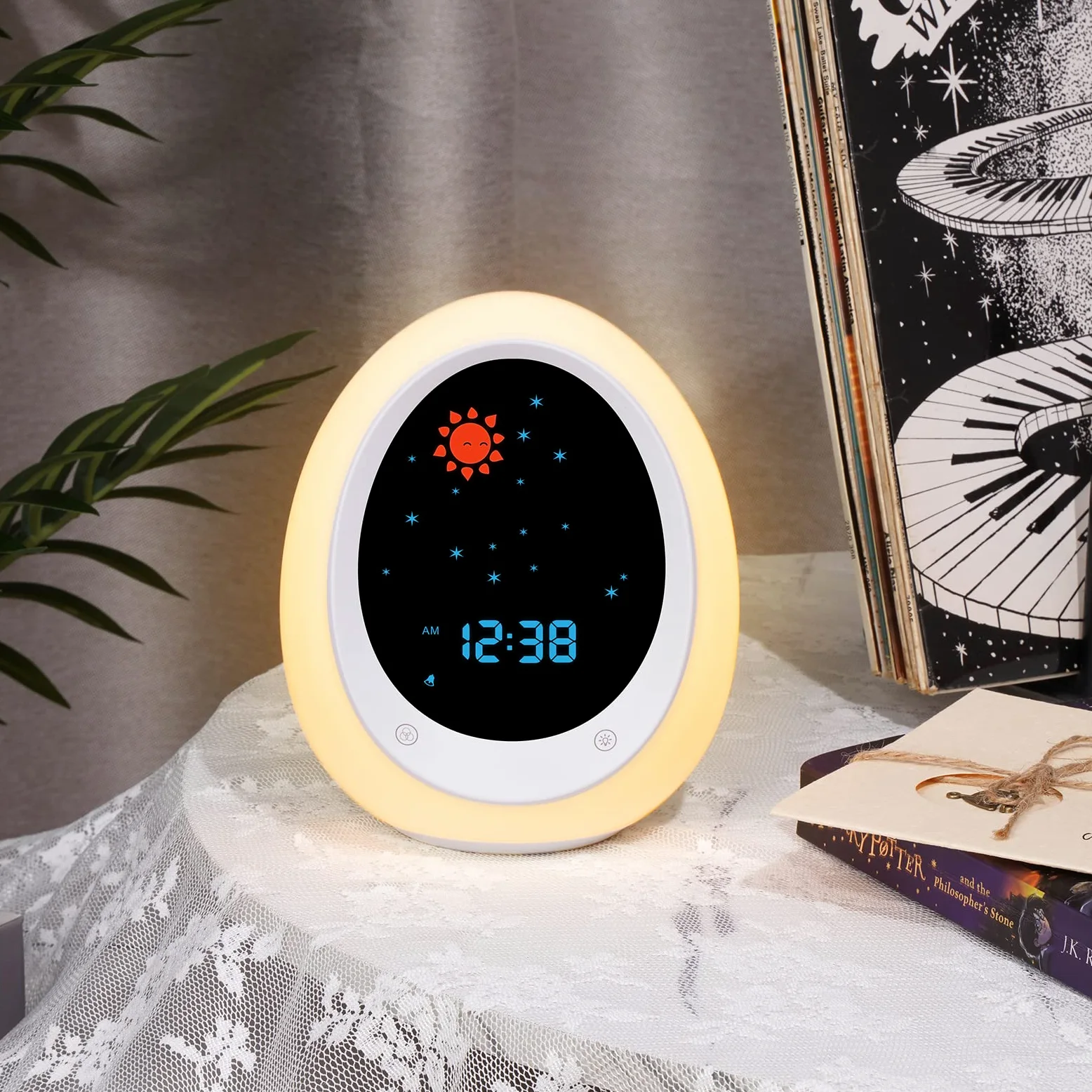 Reloj despertador para niños, reloj de entrenamiento para dormir con sol y luna, máquina de sonido, luz nocturna, reloj despertador para niños