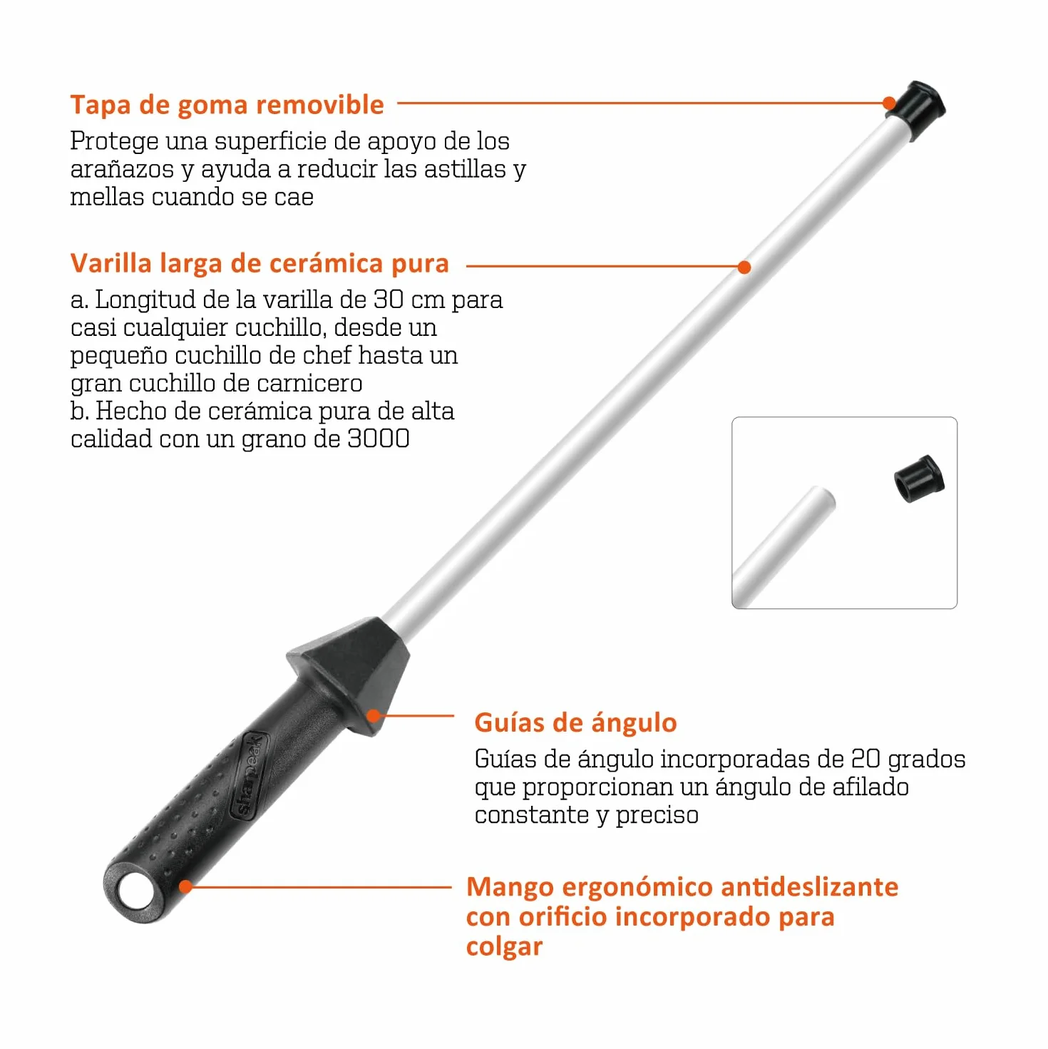 Total 45 cm/Longitud de la barra 30 cm Chaira de cerámica con guías angulares integradas y tapa anti-rotura, afilador de cuchillos de cerámica, varilla de afilado de cerámica