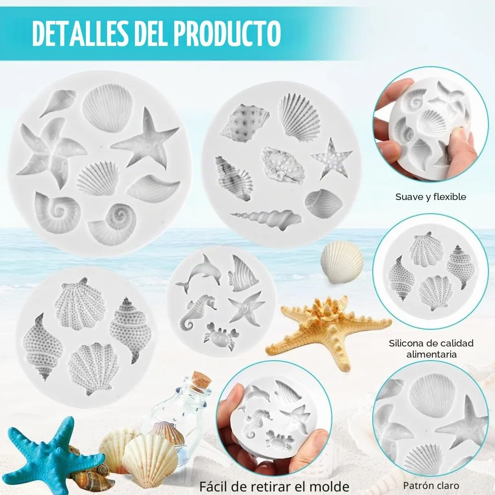 4 piezas Marina Animales Moldes Silicona,Moldes de Fondant para Tartas con Temática Marina,Molde de Silicona para Fondant con Tema Marino,3D Molde Conchas del Mar Marina Animales Moldes,para Gelatina