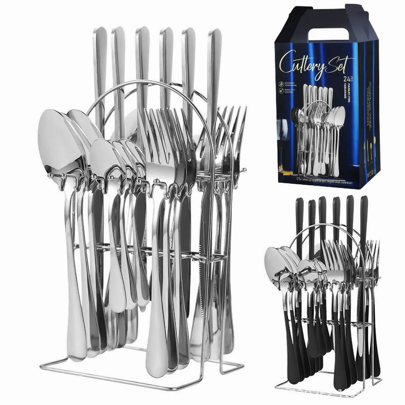 Conjunto de cubiertos colgantes de acero inoxidable de 24 piezas, juego de cubiertos, utensilios de cocina para el hogar para la fiesta del restaurante del hotel