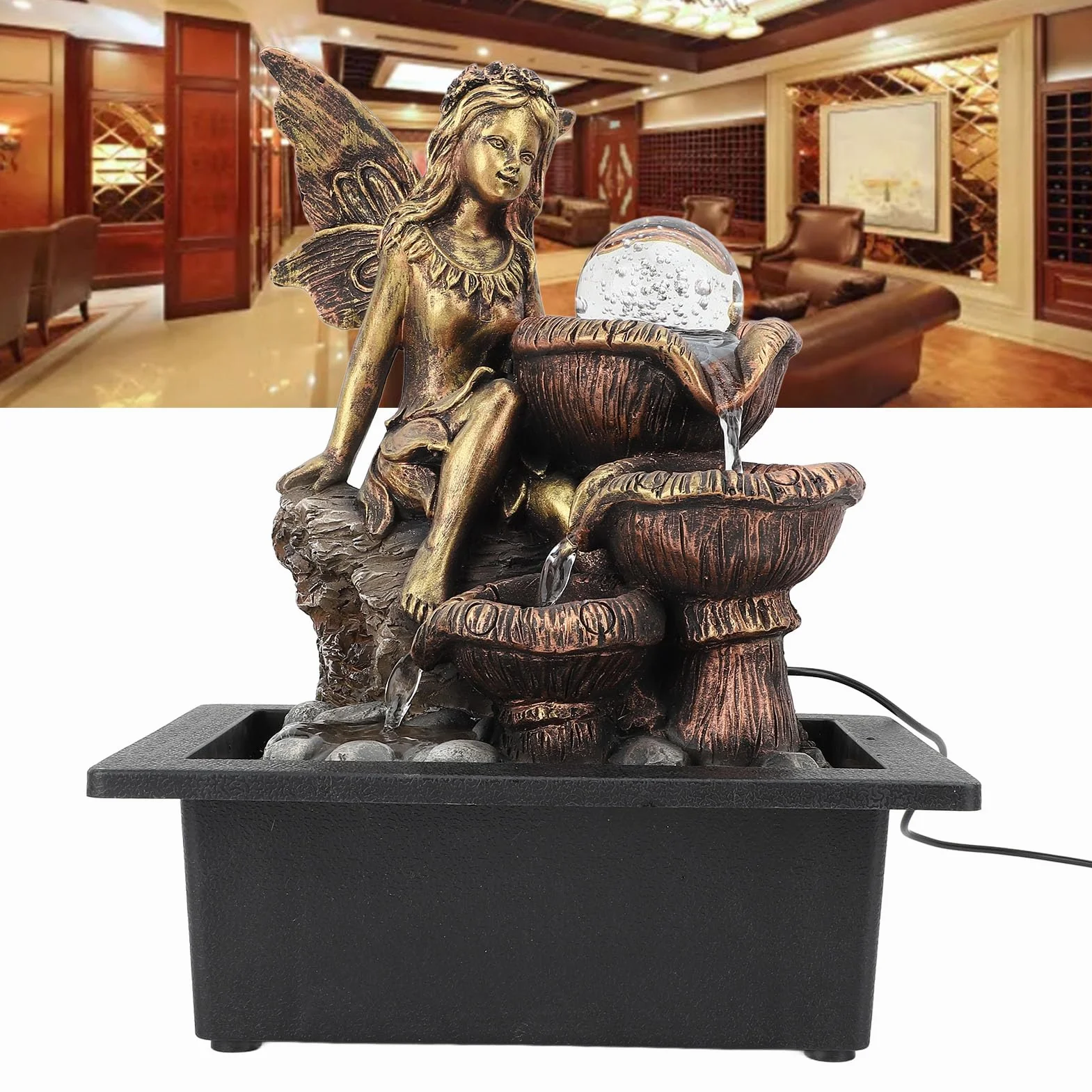 Fuente de Mesa Decorativa USB Bomba Silenciosa Luz LED para Sala de Estar, Fuente de Cascada de Escritorio Premium para Relajación