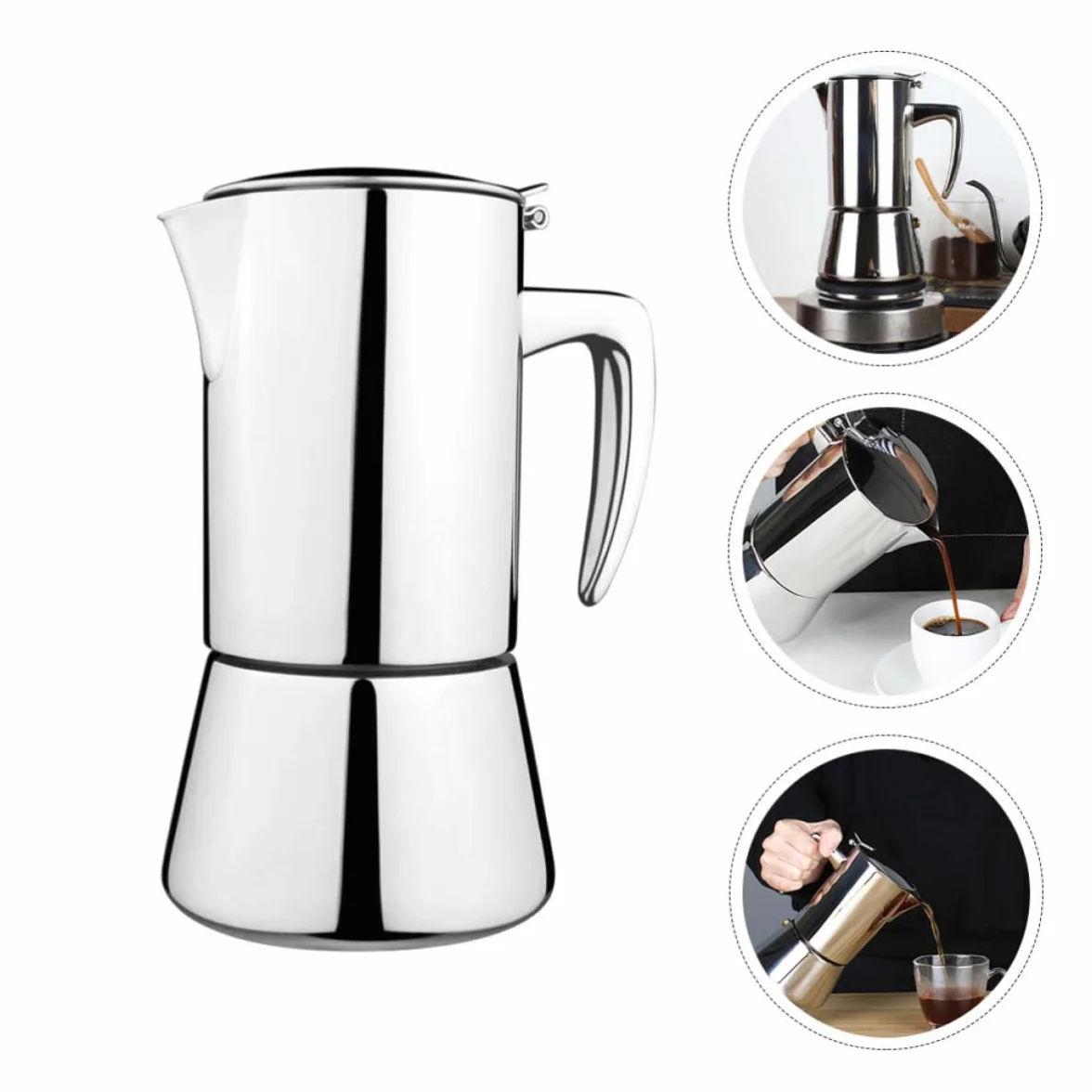 Cafetera Italiana de Acero Inoxidable 200ml Mango Antiquemaduras, Apta para Estufas de Inducción, Adecuado para Uso en Casa o Cafeterías