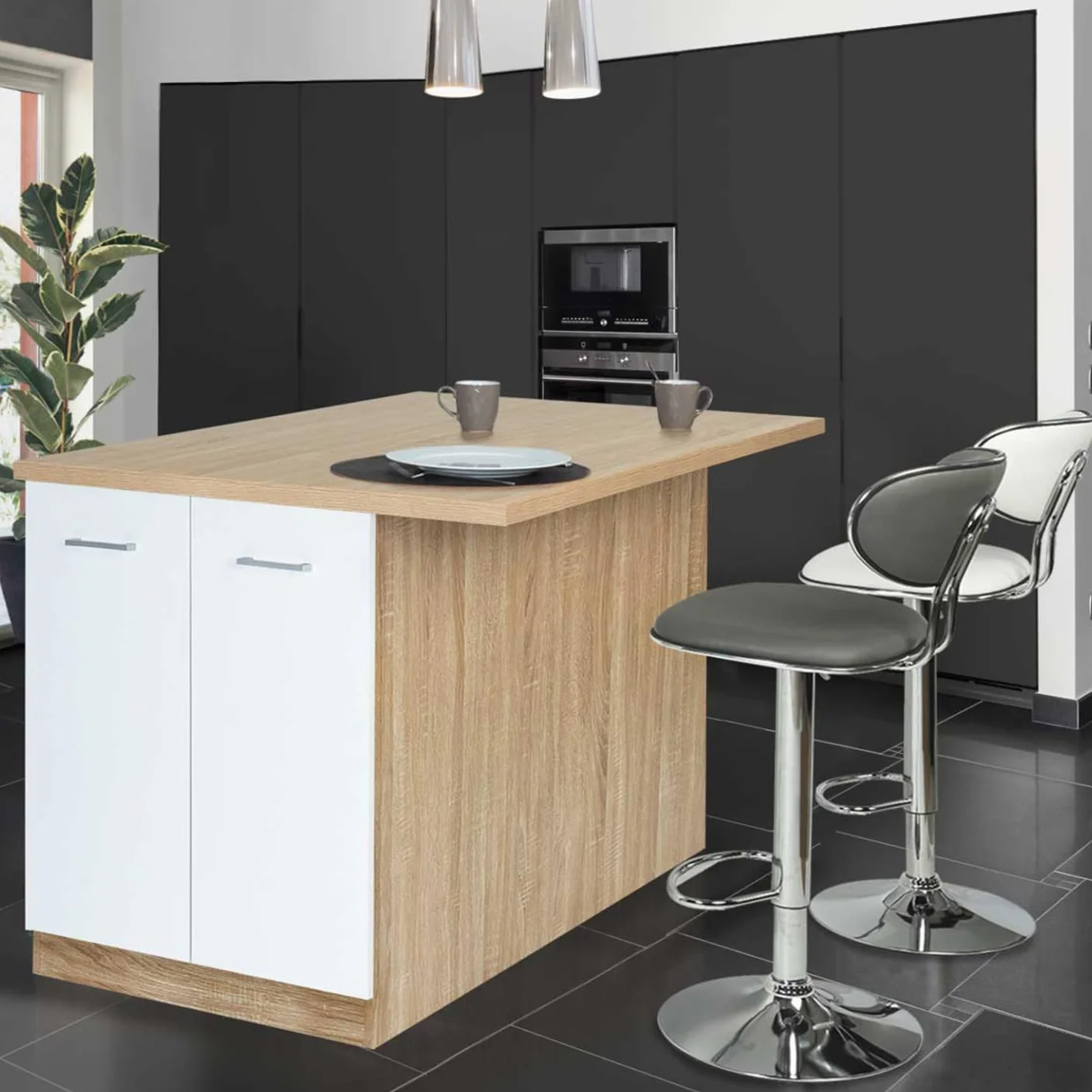 IDMarket - Ilot Central IVO 120 cm madera forma haya puertas blancas con encimera