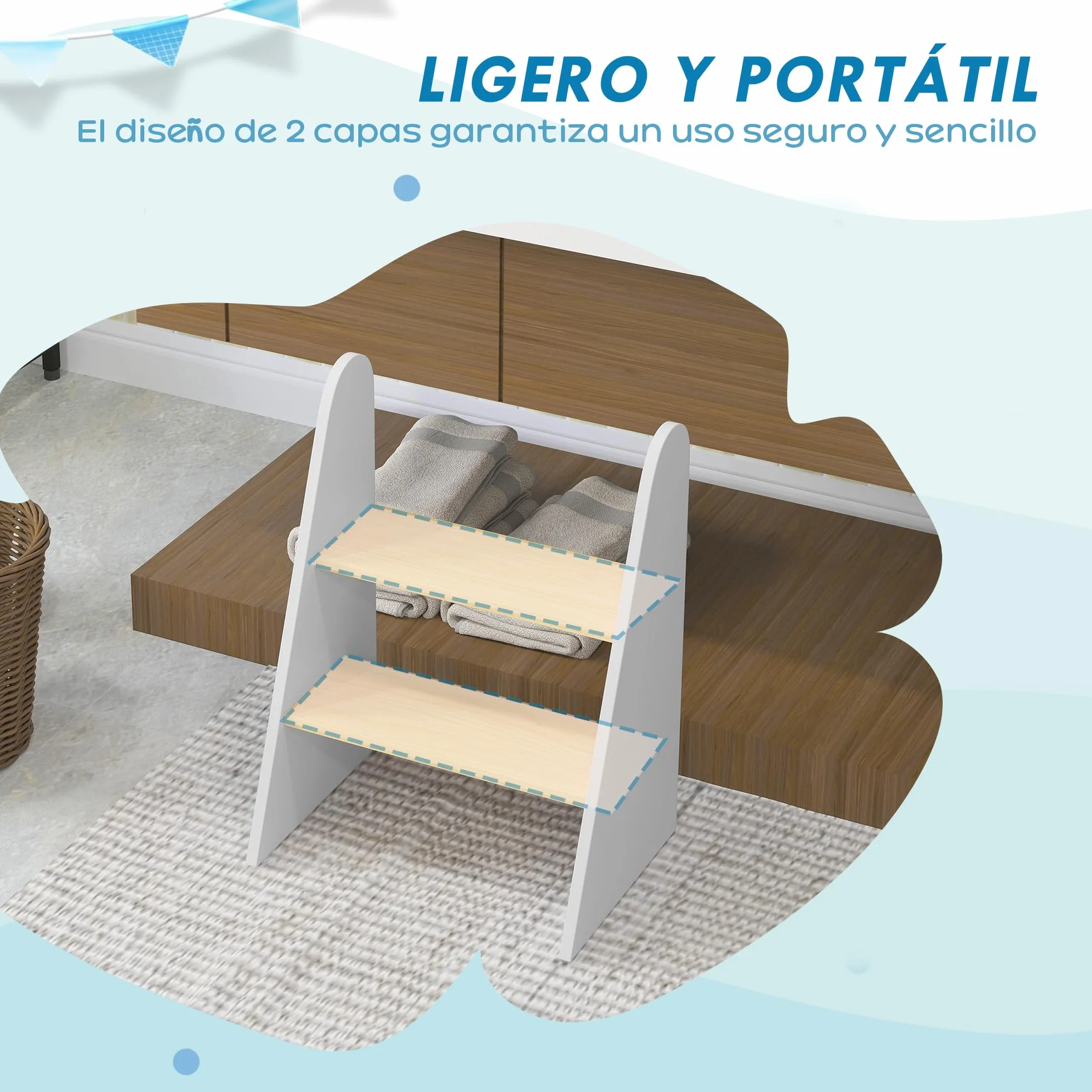 AIYAPLAY Taburete Torre de Aprendizaje 2 Peldaños para Niños +3 Años Blanco