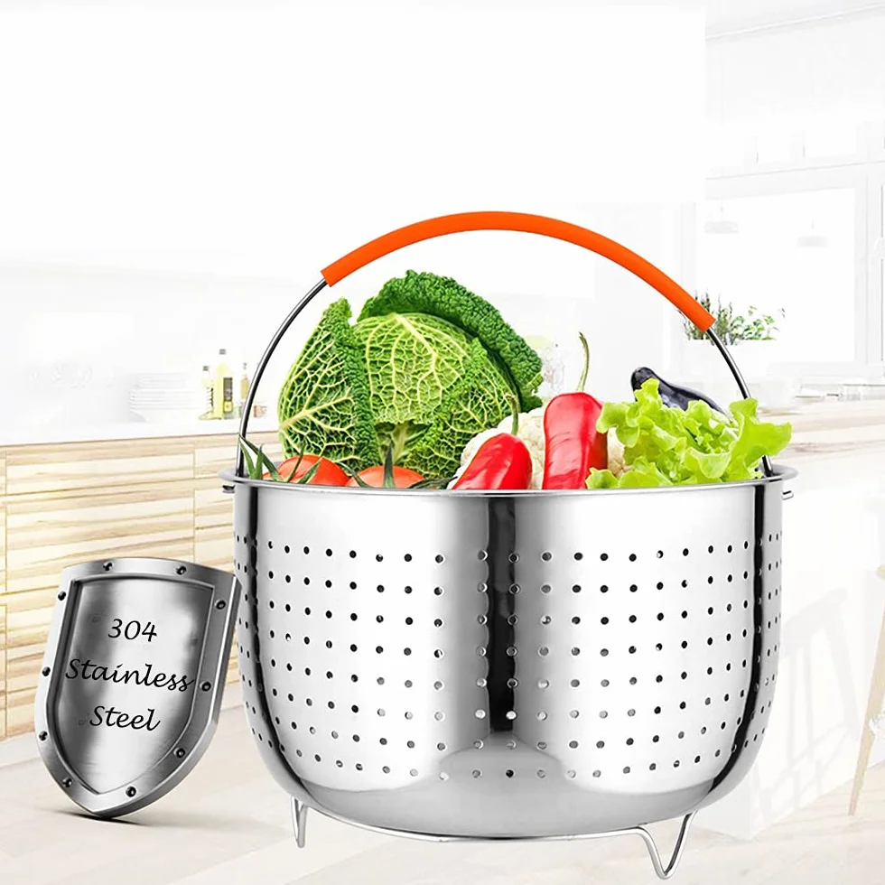 Cesta de Vapor Acero Inoxidable, Cesto Accesorio para Cocción, Cesta de Vapor de Vegetales, Multiusos Cesto de Limpieza de Frutas con Mango de Silicona para Cocinas, Restaurantes (8QT)