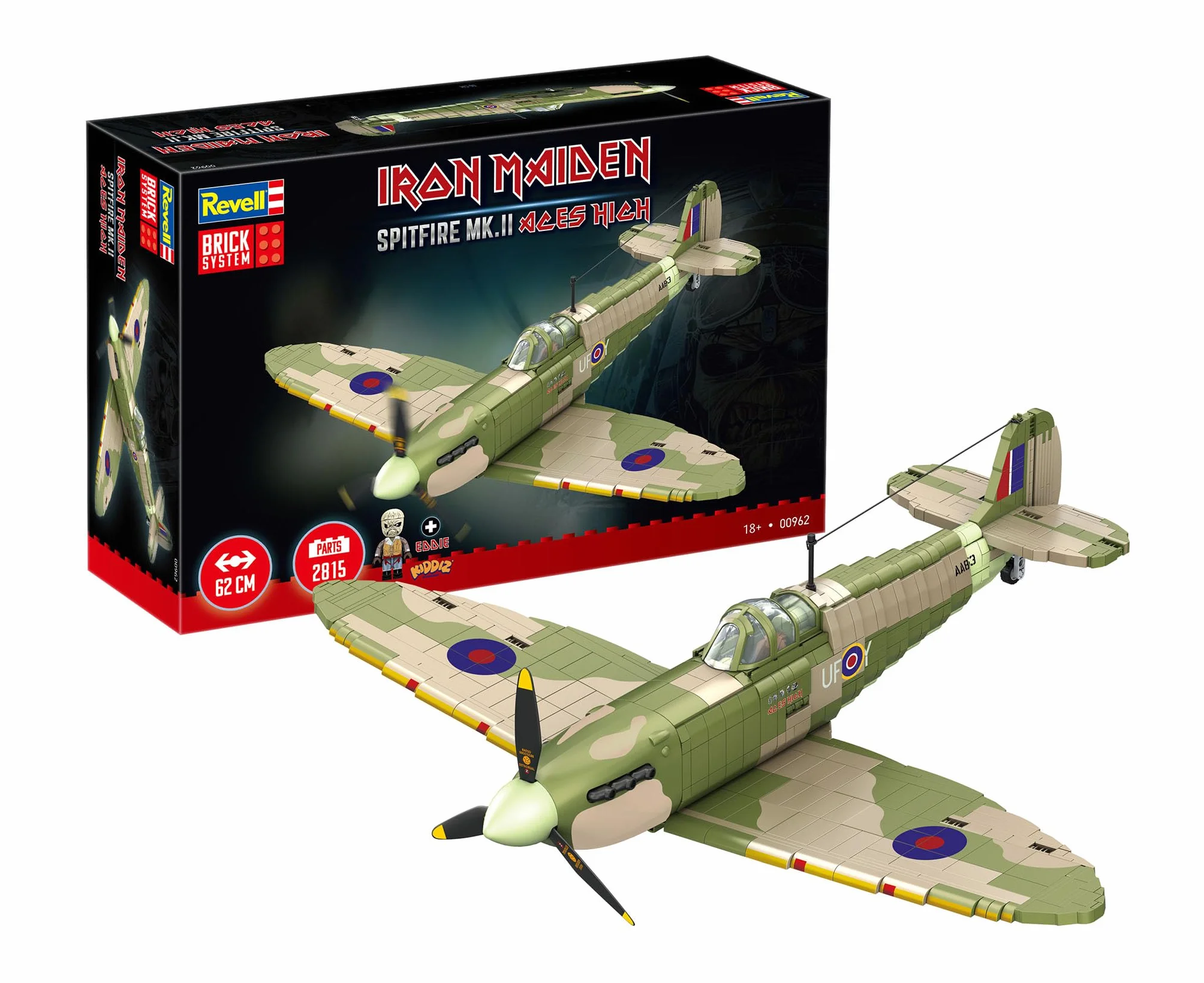Revell Brick System 00962 Iron Maiden Spitfire MK.II Aces High - Kit de Modelo de ladrillo - Escala 1:18 sin Construir, 52.5 cm de Longitud, más de 2.500 Piezas, Incluye Figura de Eddie, Soporte de