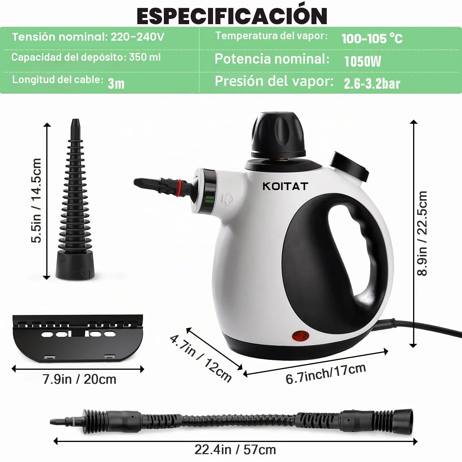 Limpiador de vapor portátil a presión con 10 accesorios, limpiador a vapor para muebles tapizados, con bloqueo de seguridad, para casa, coche, suelo (blanco profundo)