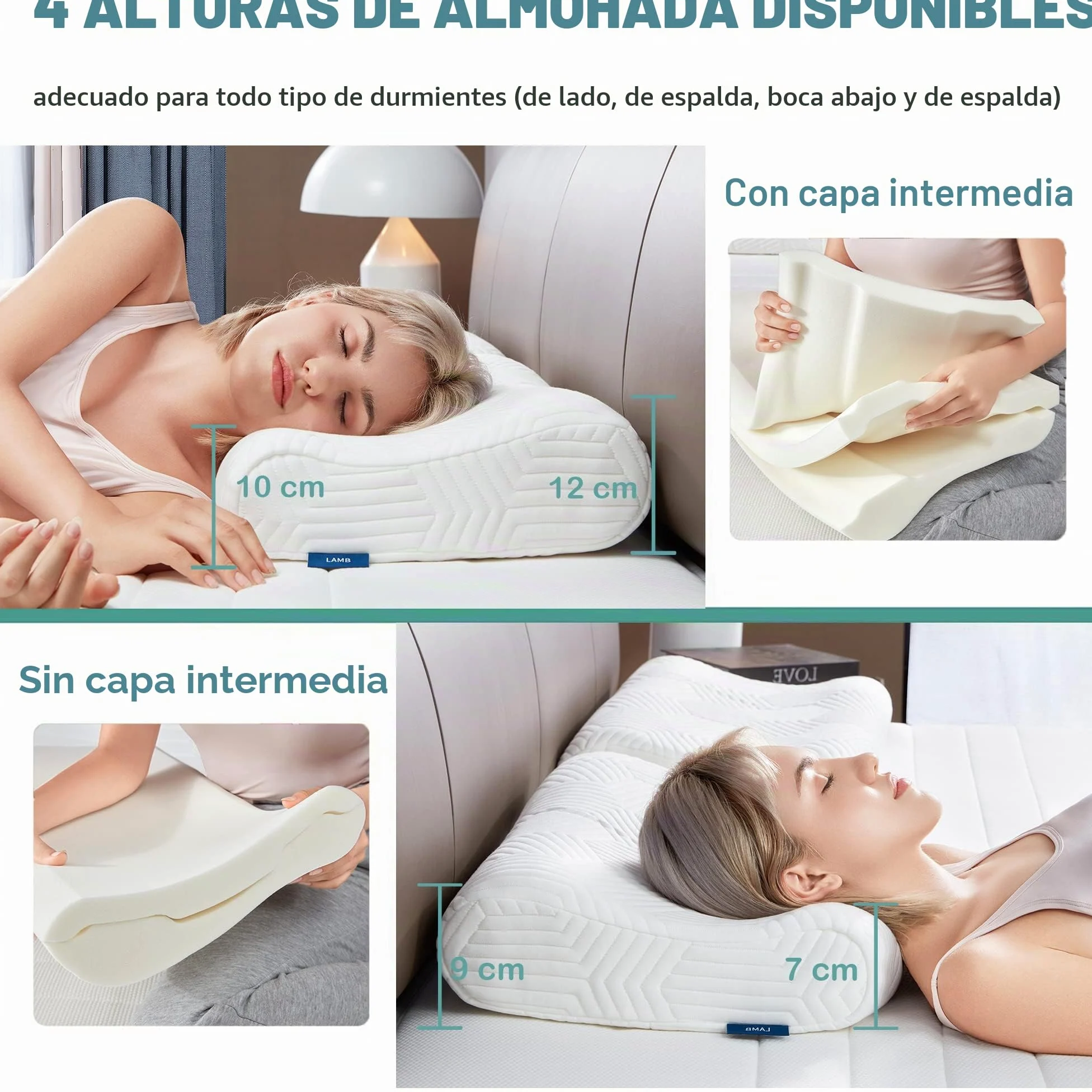 LAMB | Almohada Cervical | 60x35 cm | Almohada Viscoelastica | Altura Regulable | Almohada Ortopedica | Ergonómico | 12/10cm Hoch