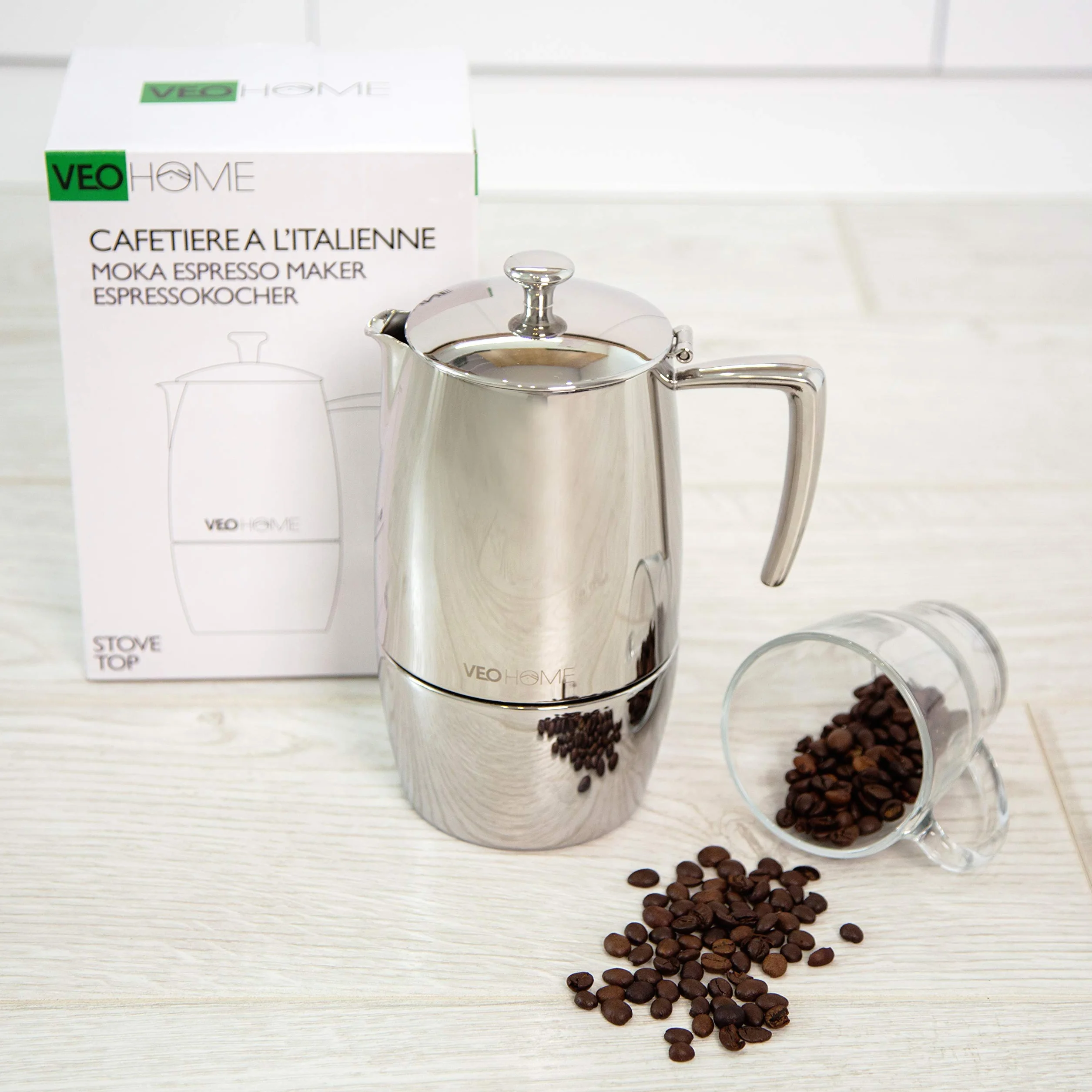 VeoHome - Cafetera Italiana de Acero Inoxidable 10 tazas 500 ml – Cafetera Moka para cocinas Inducción, Vitrocerámica y de Gas - Estilo Espresso – Irrompible, Segura y apta para Lavavajillas