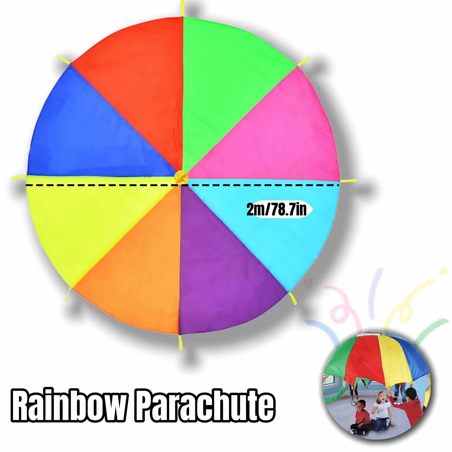 Tokaneit Kids Parachute Rainbow Play Parachute 2 m 8 Handles Team Games