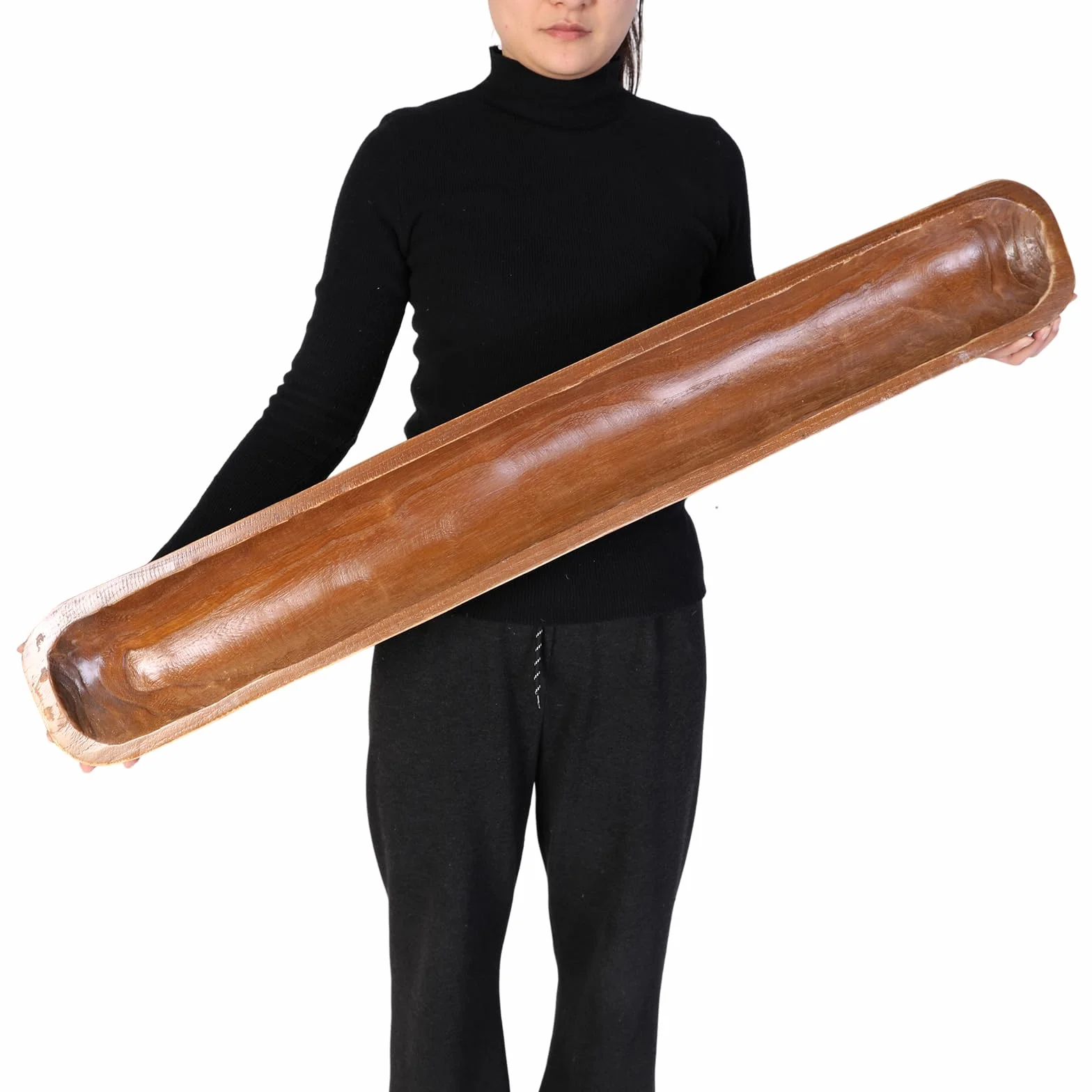 Athaliah Cuenco de madera para masa, 40 pulgadas tallado a mano, cuencos de madera largos para decoración, cuenco de pan de madera grande vintage para centro de mesa, comedor, hogar, cocina,