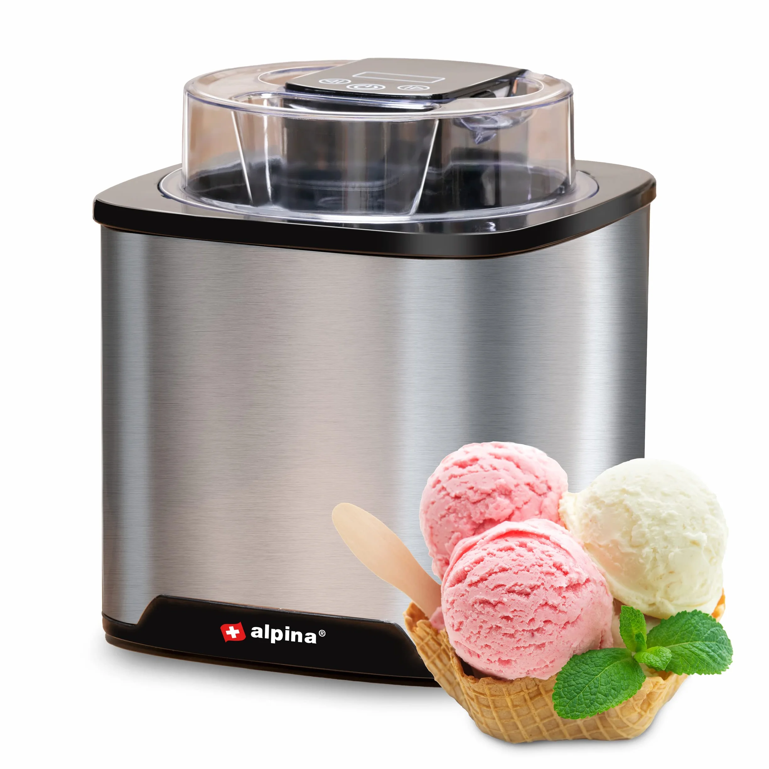 alpina Heladera - Maquina de Helados 2L - Heladeras hacer Helados, Yogur helado et Sorbetes - Doblemente Aislado - Acero inoxidable - Plata