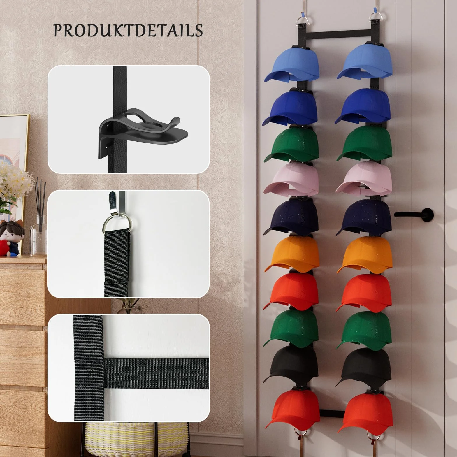 Soporte para gorras de béisbol sobre la puerta, espacio para 20 – 40 gorras, almacenamiento colgante con 2 correas ajustables (negro)