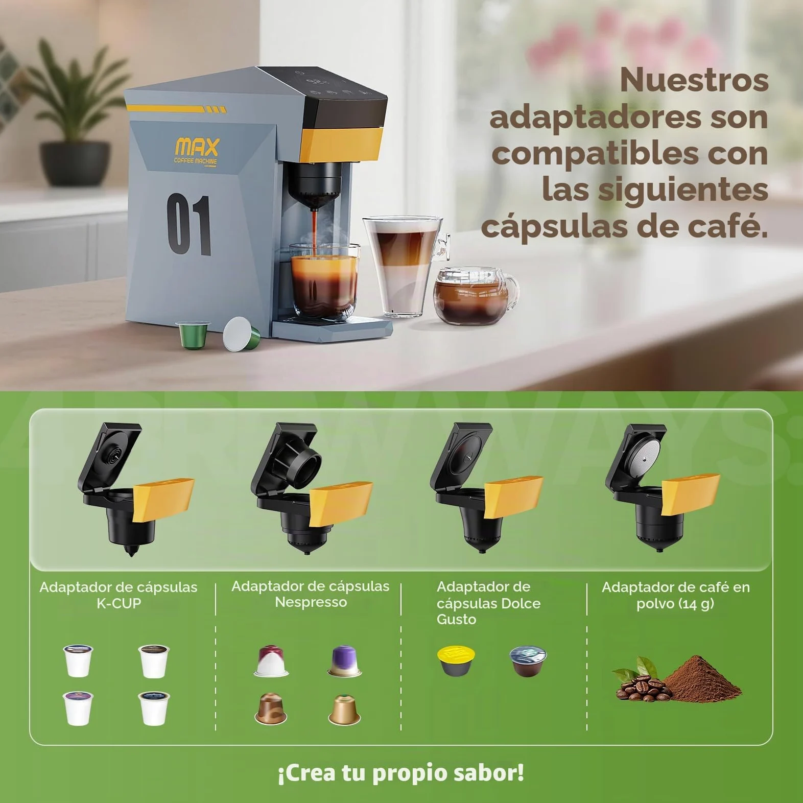 Cafetera 4 en 1, cafetera espresso 19 bares para cápsulas KCup/Nes presso OriginalLine/Dolce Gusto/Café molido, gris nublado