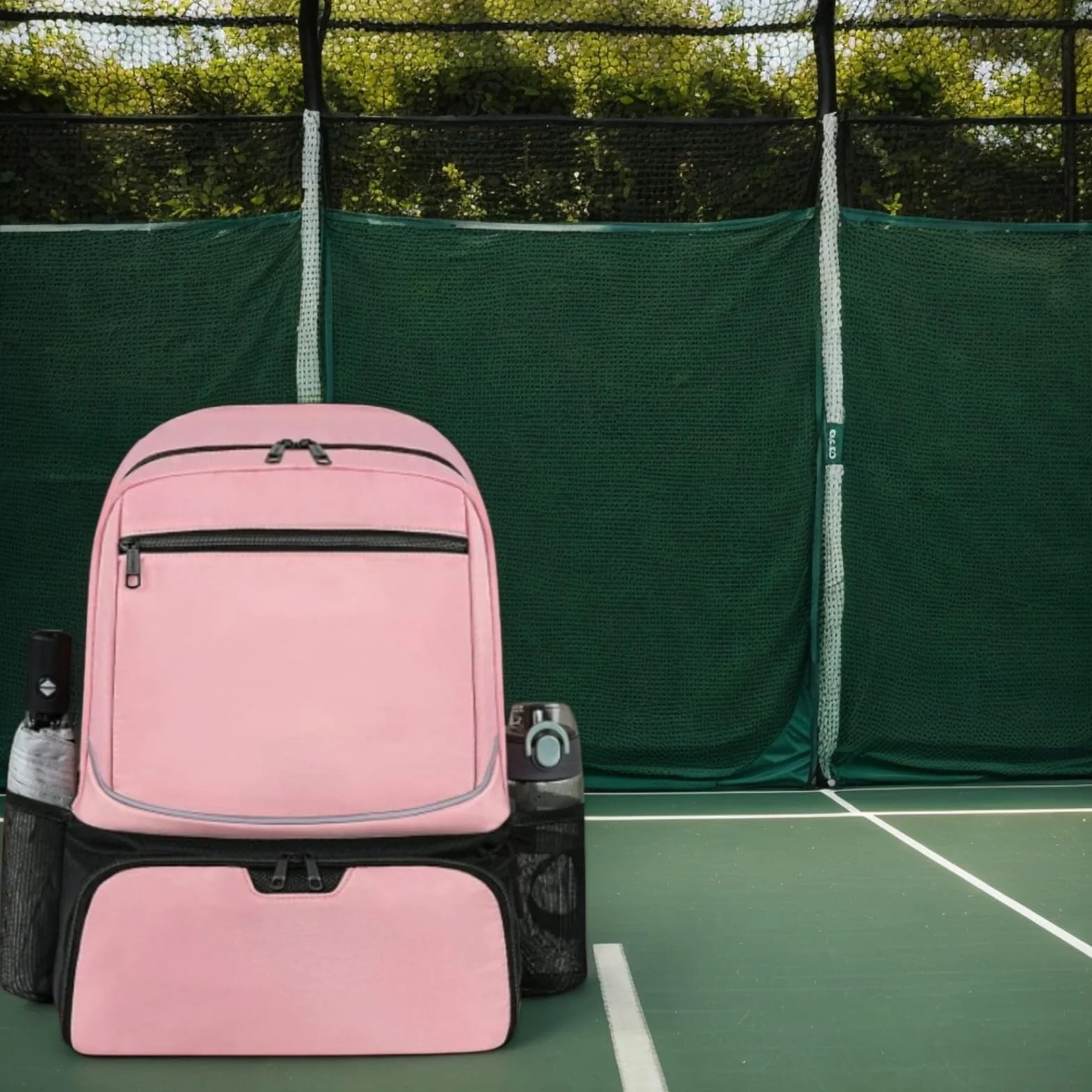 Bolsa de tenis con gancho para valla, compartimento separado para zapatos, bolsillo de malla para pelotas