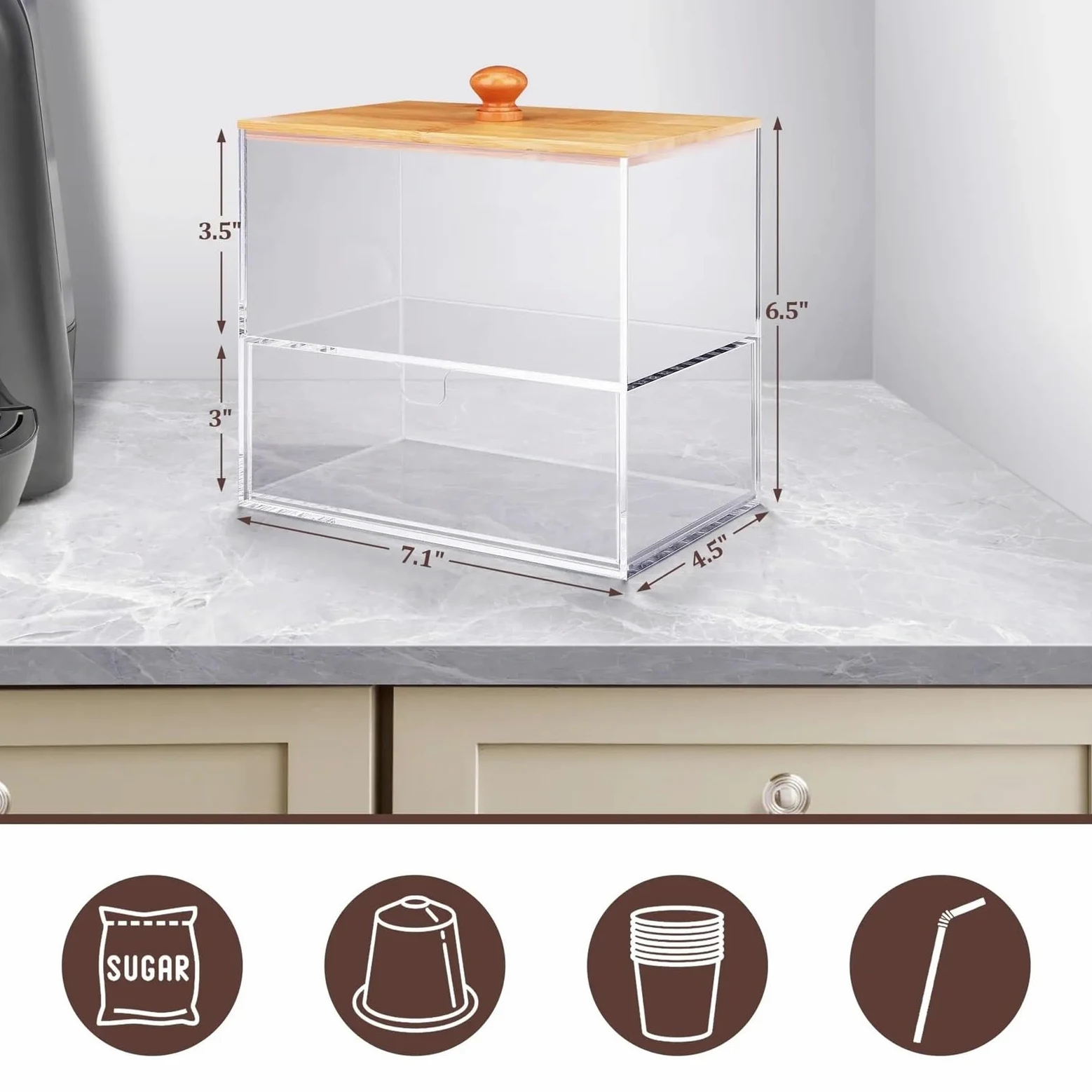 Organizador multifuncional de cápsulas de té y café, dispensador de bolsas de té de 2 niveles con cajón para cápsulas para Nespresso y KCup, elegante caja de almacenamiento para el hogar y el bar