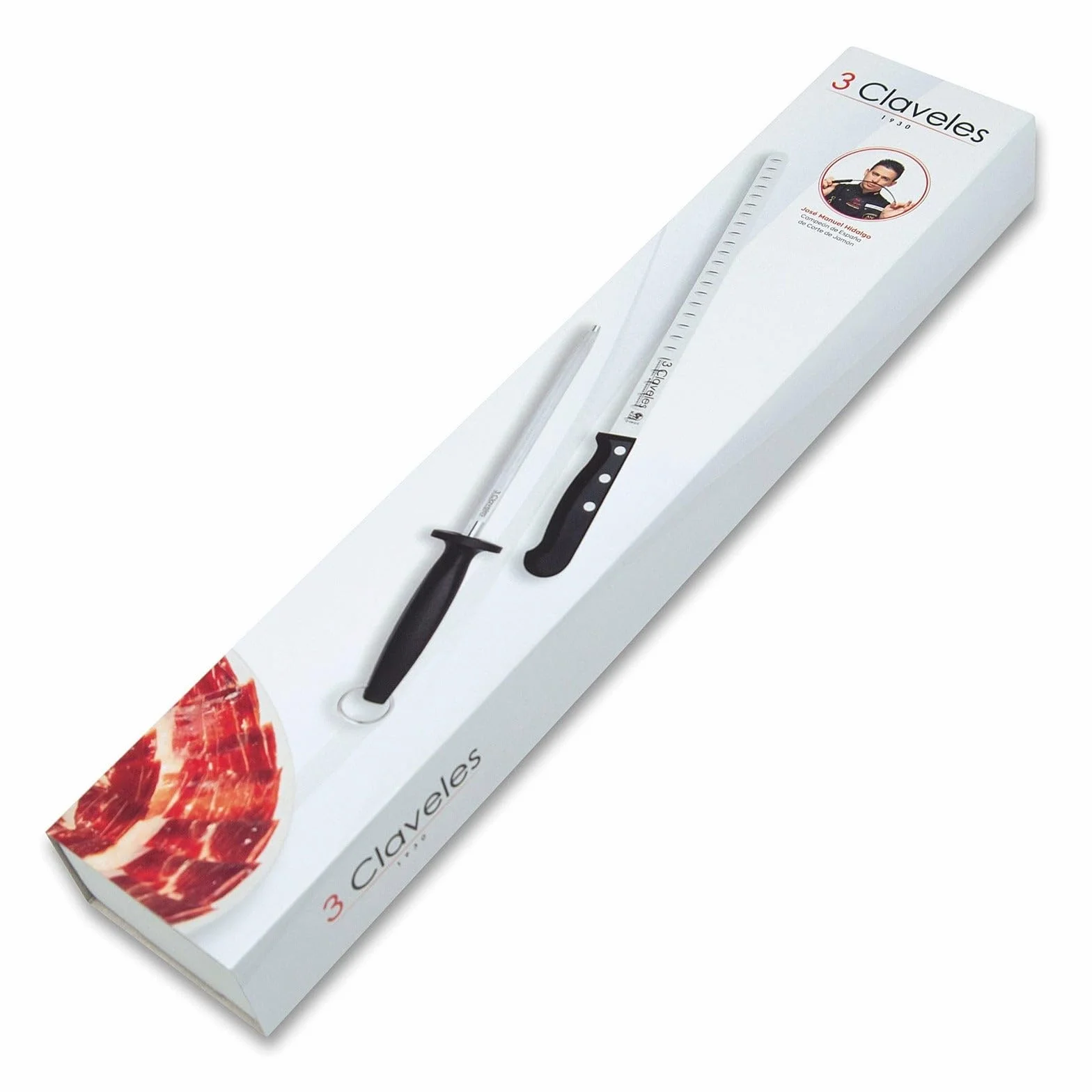 3 Claveles 00966 - Juego de cuchillos para rebanar de filo hueco y acero para afilar, 29 cm, Negro