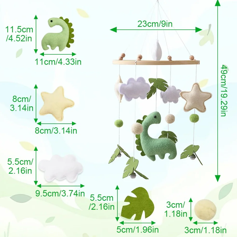Movil Cuna Bebe de Madera Dinosaurios Hojas Nubes Estrellas Cascabeles Regalo