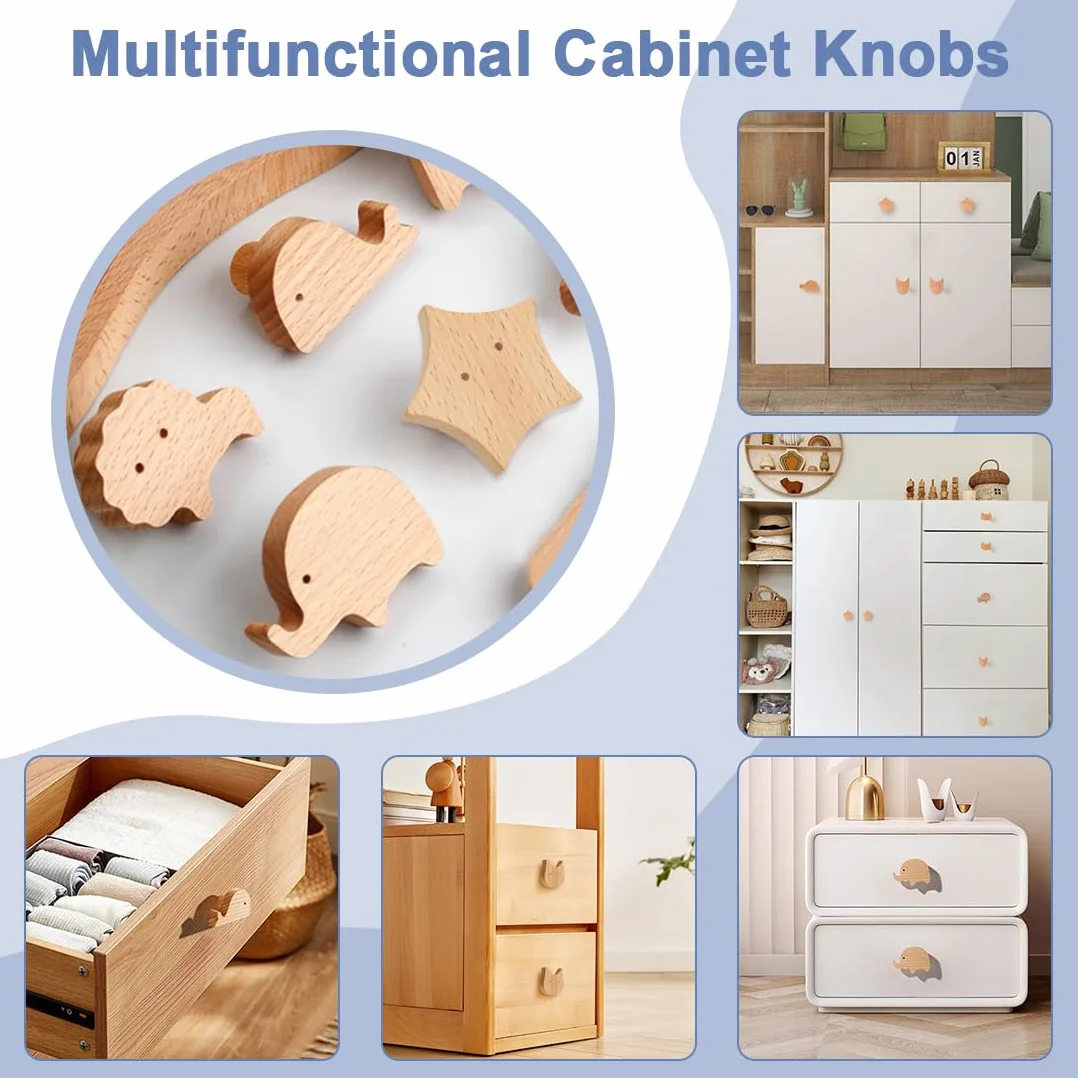 12PCS Tiradores de Armarios Infantiles, Pomos de Madera Infantiles con Forma de Animales para Muebles, Pomos Infantiles para Cajones con Tornillos para Cajones, Armarios, Cómoda