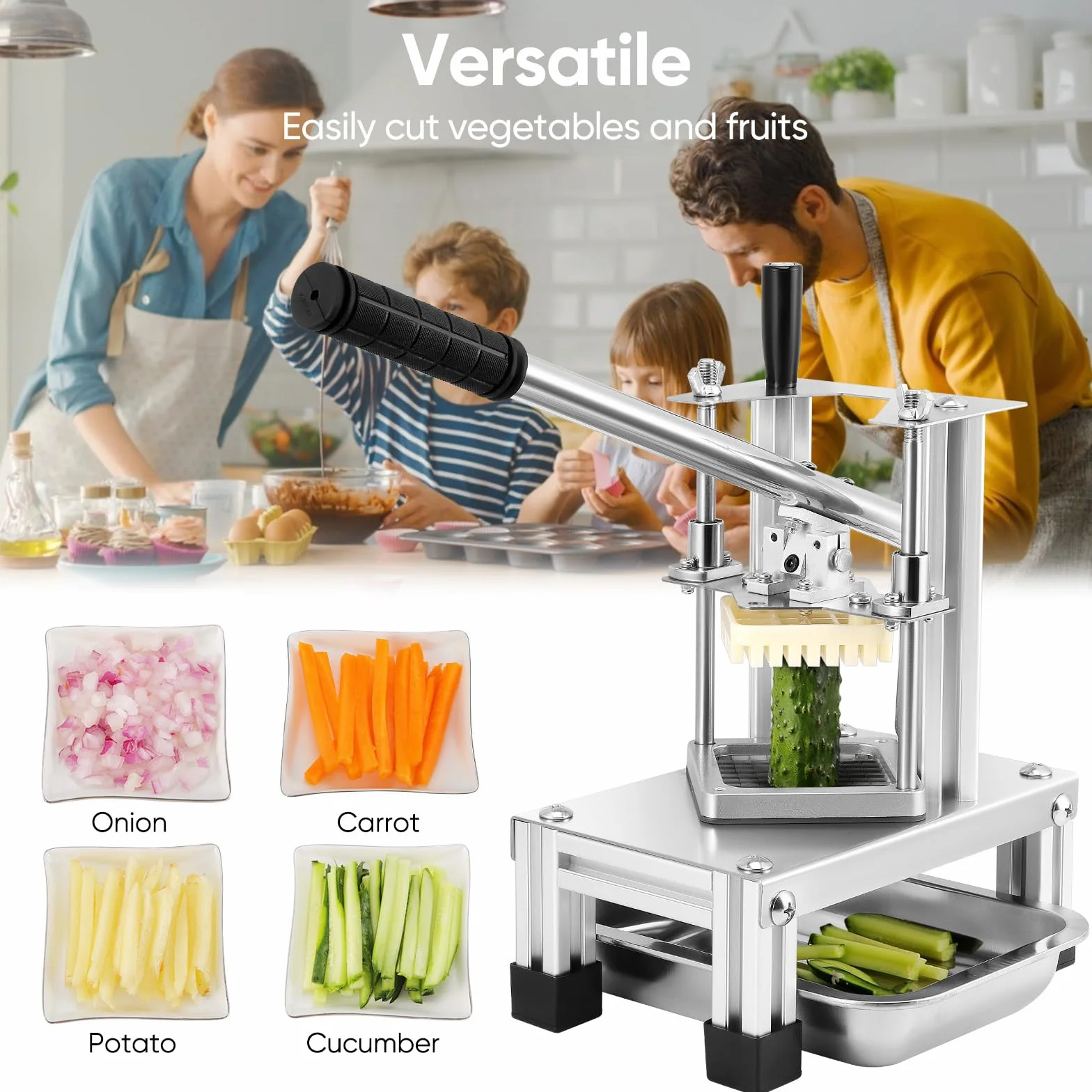 Cortador de Patatas Fritas Profesional, Cortadora de Verduras Comercial, con Cuchillas de Acero Inoxidable 304 de Tamaño 1/4" 1/2" 3/8" para Batatas, Zanahorias y Pepinos (Equipo, 1)