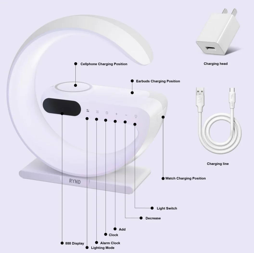 RYND 2025 - Despertador magnético 5 en 1 con cargador inalámbrico, luz nocturna ajustable, regalo para familia/amigos (blanco)
