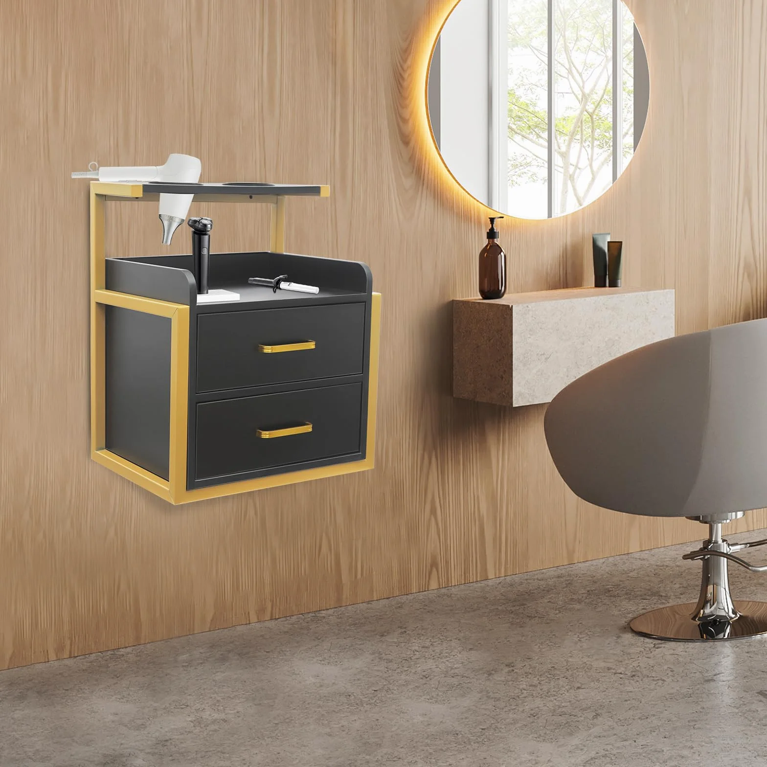 Armario colgante para peluquería, armario de pared con cajones y soporte para secador de pelo para accesorios de peluquería, armario de belleza, moderno, dorado y negro, 40 × 30 × 48 cm