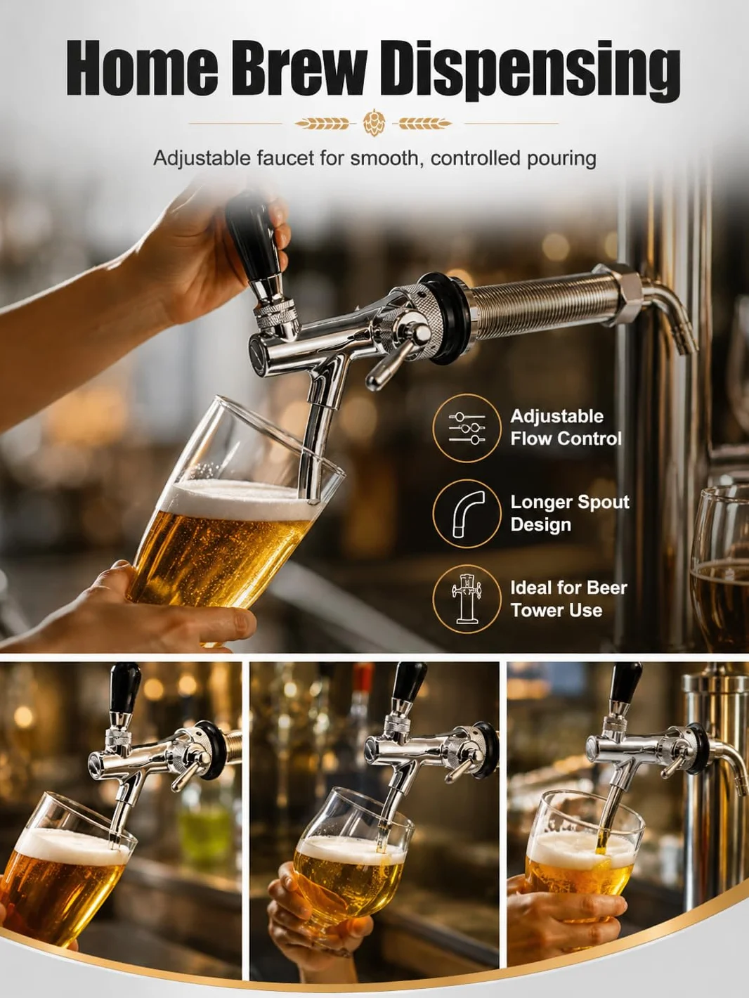 VOBOR Grifo de Barril de Cerveza Ajustable, Rosca G5/8, Válvula de Control de Flujo, Acero Inoxidable Cromado, Mango Negro, para Hogar, Hoteles, Bares y Restaurantes