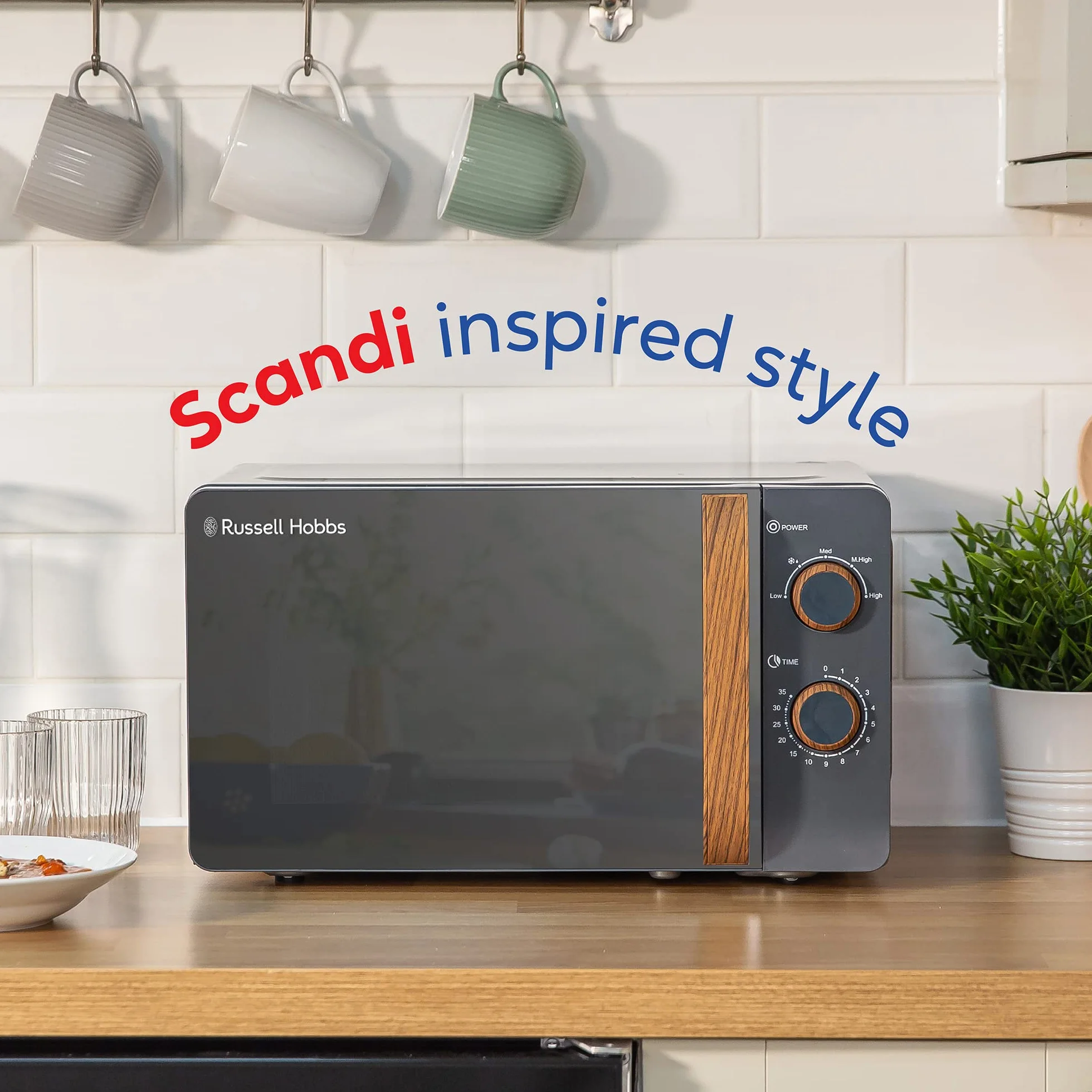 Russell Hobbs RHMM713G - Microondas manual compacto de 17 l y 700 W, estilo escandinavo, 5 niveles de potencia, maneta y diales con efecto madera, temporizador, función de descongelación, gris