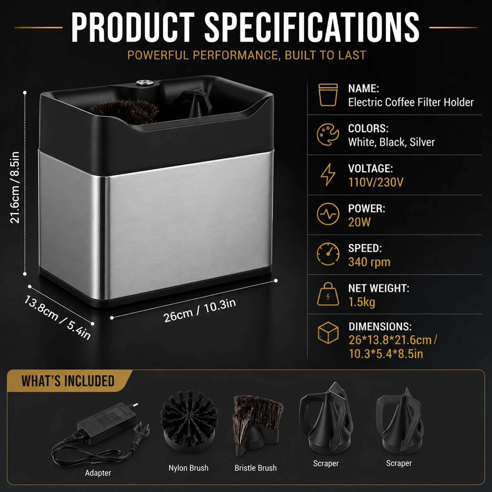 Máquina Limpieza Portafiltros Espresso Automático, Funcionamiento Silencioso 20W Caja Golpeteo, Kit Herramienta Barista Profesional con Cepillos Intercambiables(Black)