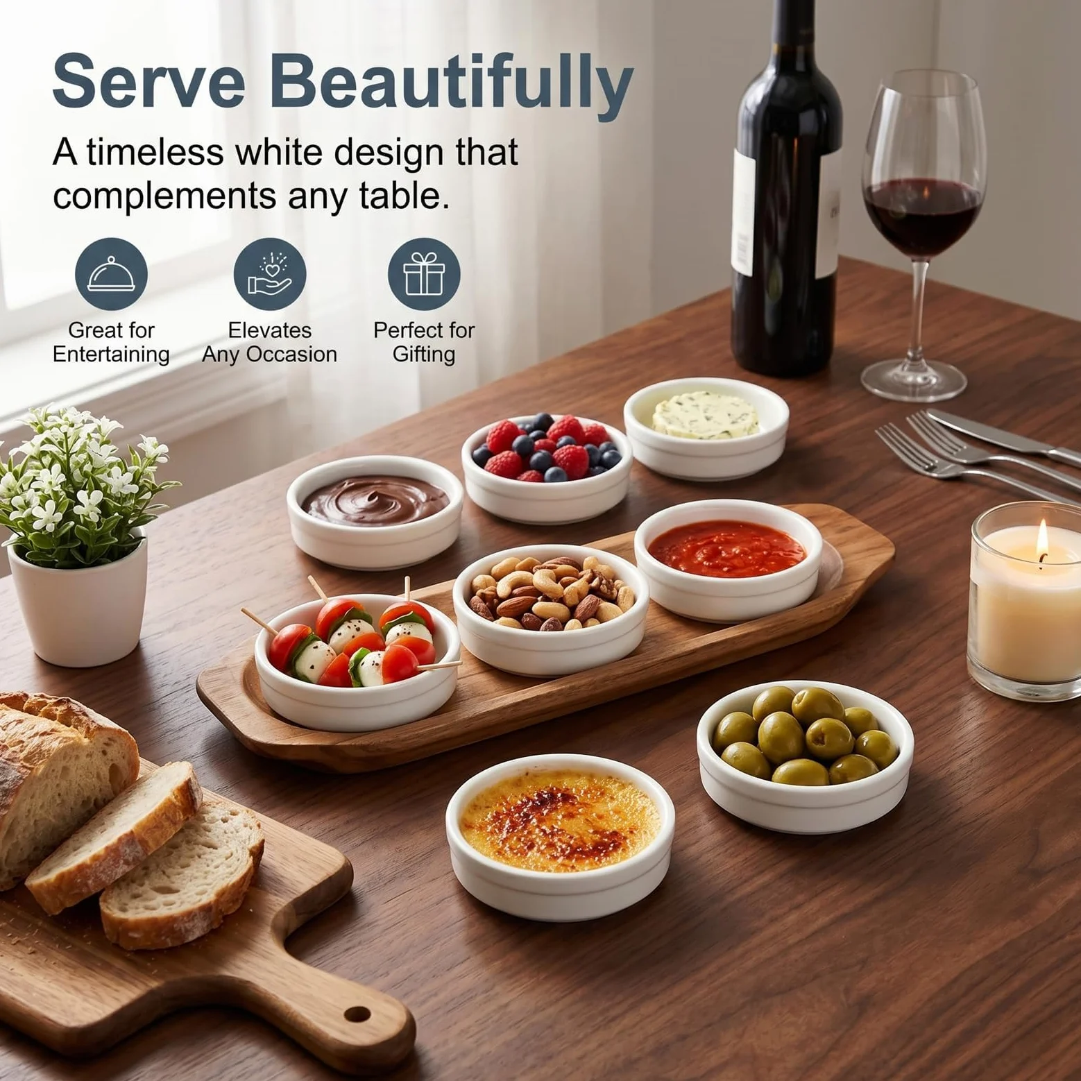 ONEMORE Creme Brulee Ramekins - Platos de cerámica para hornear de 4 onzas, juego de ramequines aptos para horno, tazas pequeñas de porcelana para soufflé, natillas, salsa de inmersión, utensilios de