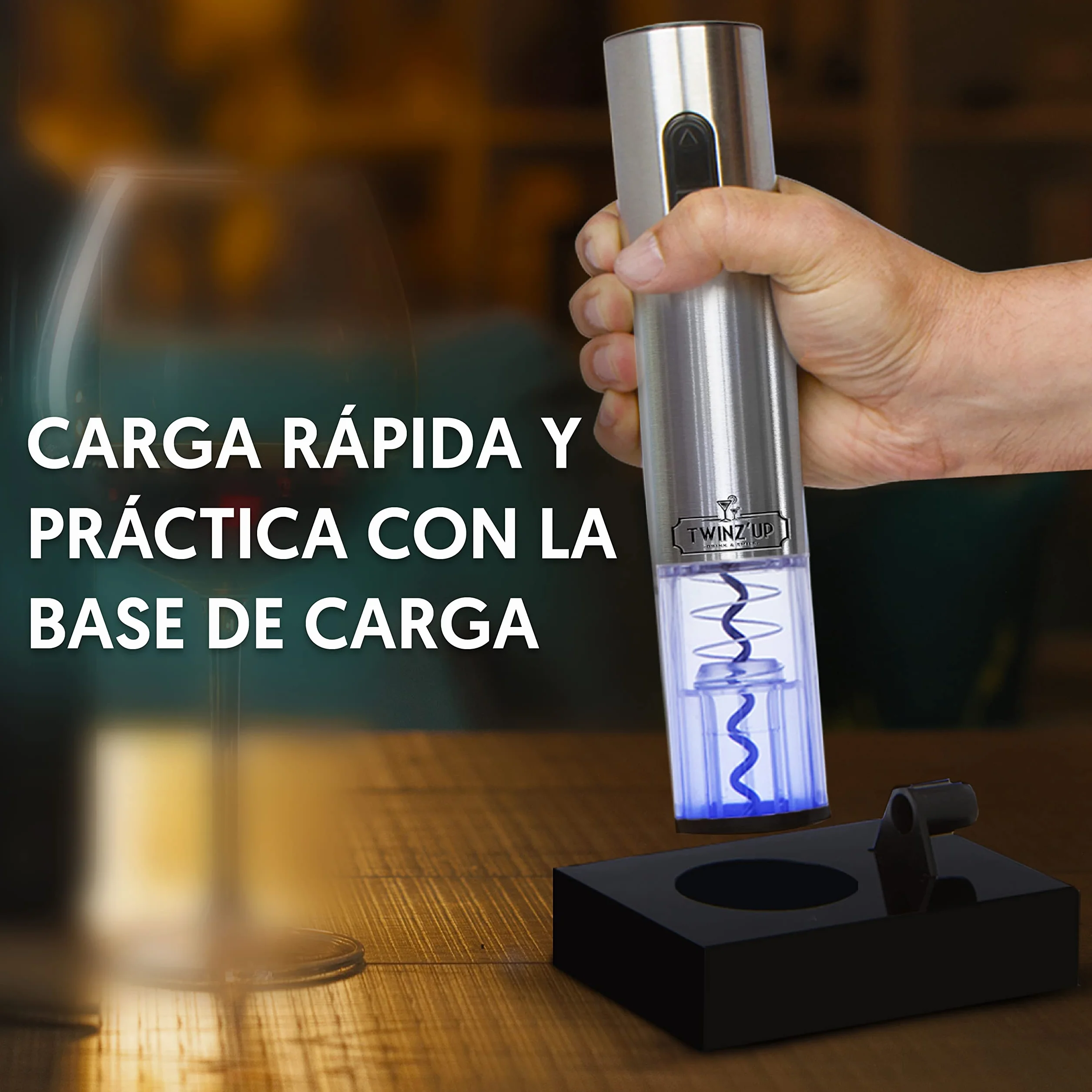 Twinz'up Sacacorchos Eléctrico Inalámbrico - Profesional Abridor de Vino Electrico Recargable (Base de Recarga) con Corta Cápsulas - Caja de Regalo