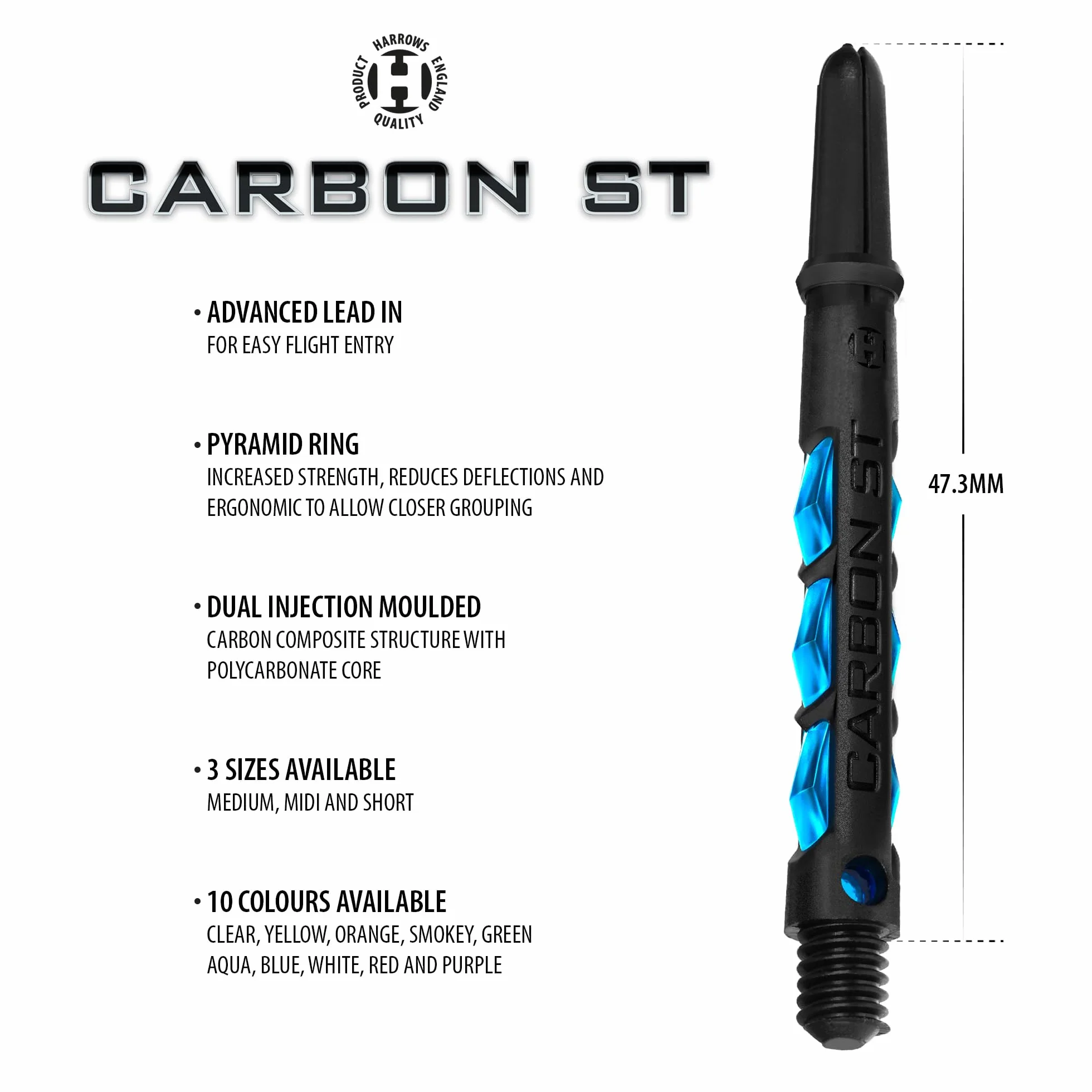 Harrows Darts - Juego de 3 varillas de dardos de carbono ST, 9 ejes de dardos en total, mediano, midi y corto, compuesto de carbono resistente, aguamarina mediana