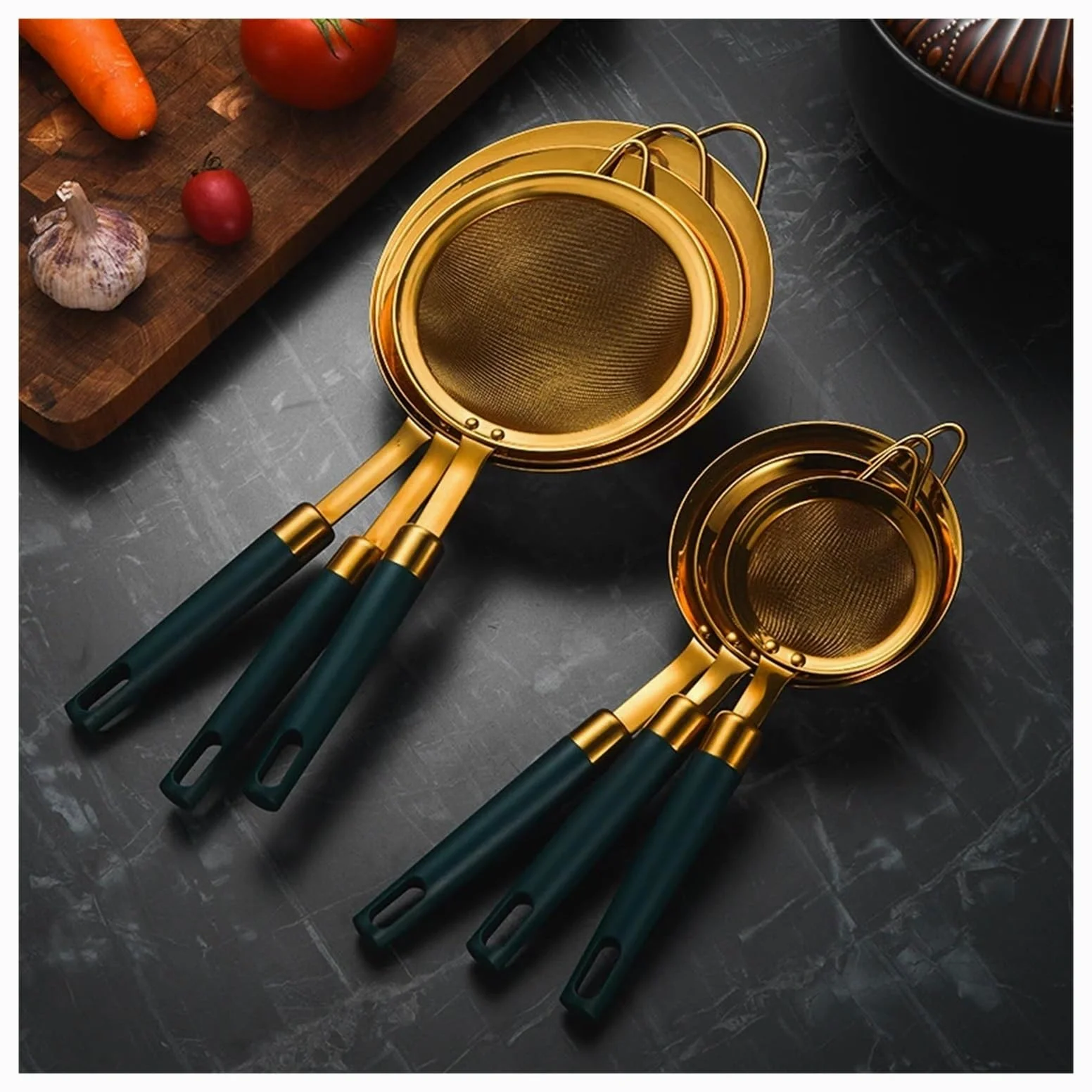 Colador Colador de malla fina de acero inoxidable 304 con mango dorado y verde, cuchara y colador, utensilios de cocina(18cm)