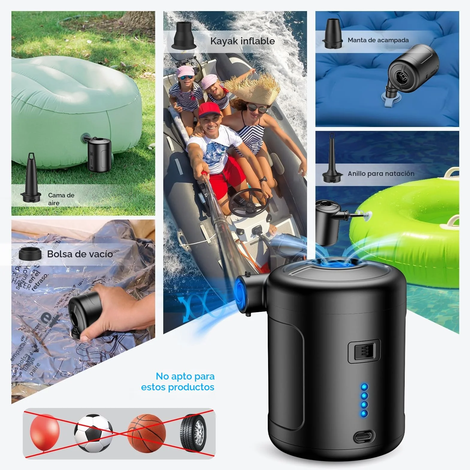 Inflador Eléctrico 6000mAh Bomba de Aire Portátil Recargable con 5 Boquillas para Colchón Hinchable, Bote Inflable, Piscina Infantil