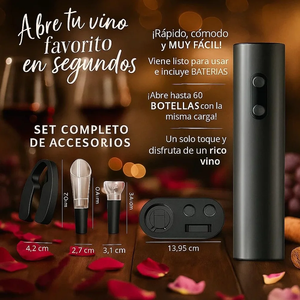 Sacacorchos eléctrico profesional con cortacápsulas, aireador y vertedor, Abridor de vino con base elegante, Regalos originales para hombre cumpleaños, Navidad o San Valentín, funciona con 4 pilas AA