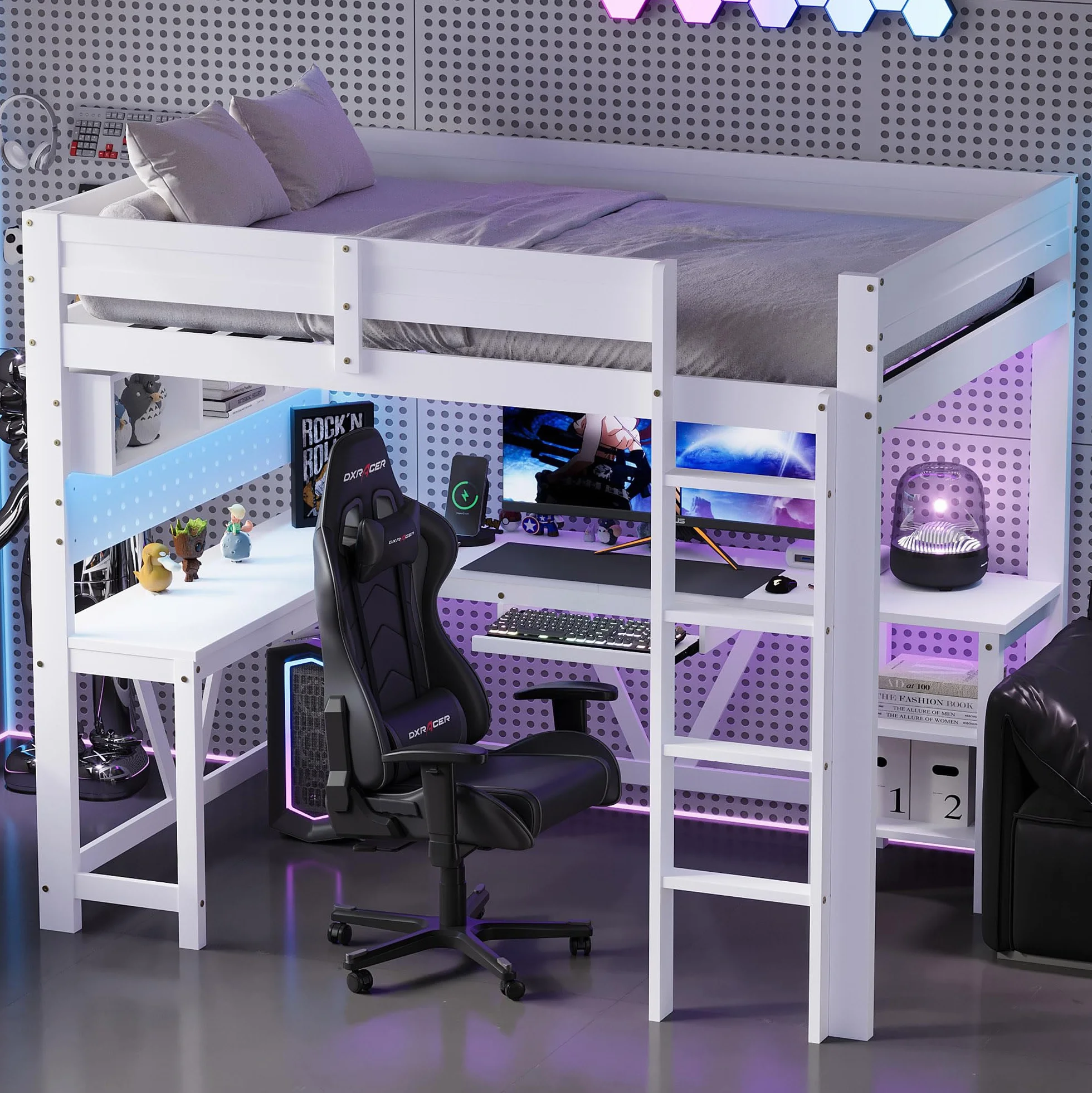 Moimhear Cama alta de madera para videojuegos con escritorio, estantes de almacenamiento, iluminación LED y base de carga, 90 x 200 cm (blanco)