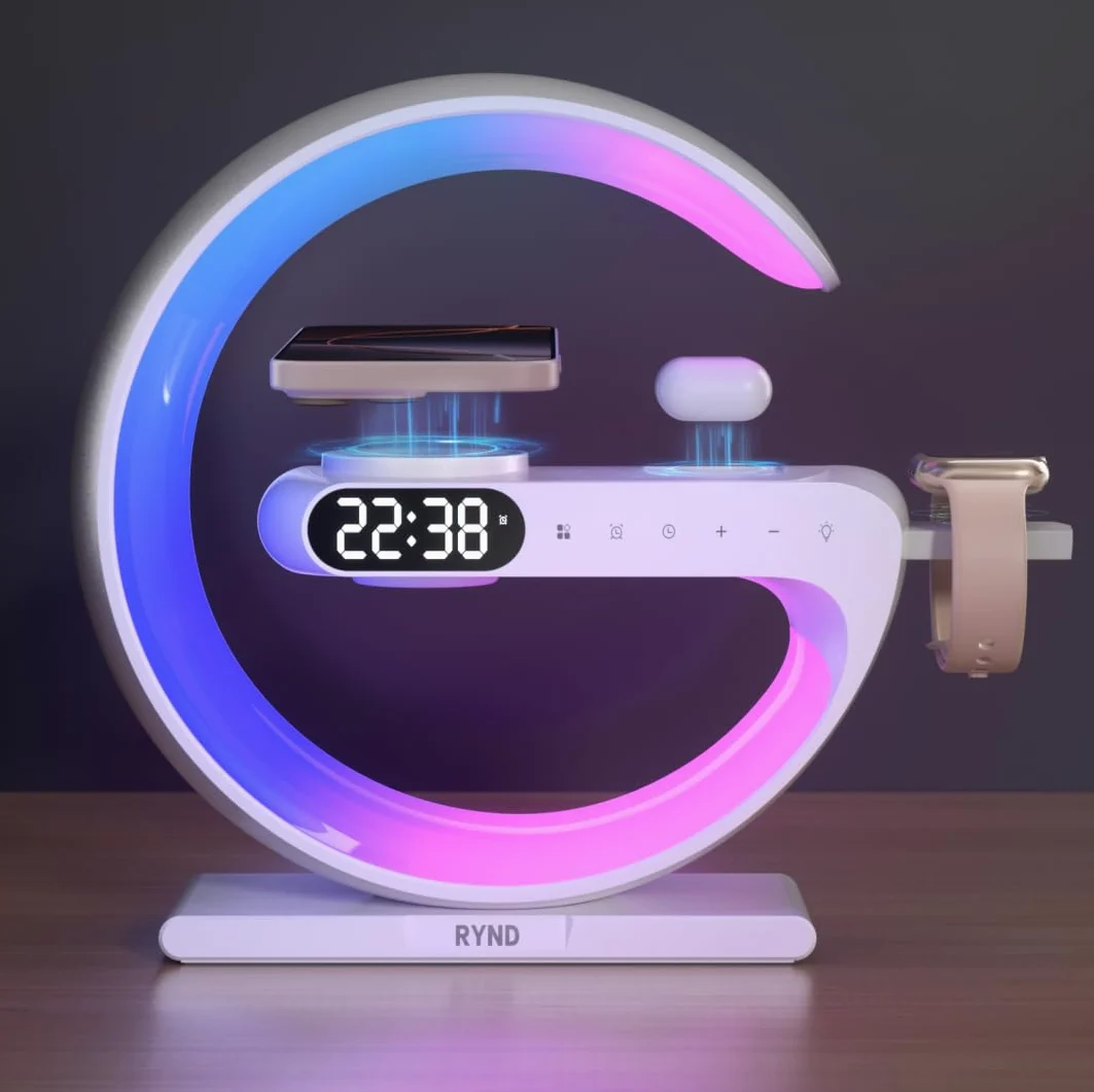 RYND 2025 - Despertador magnético 5 en 1 con cargador inalámbrico, luz nocturna ajustable, regalo para familia/amigos (blanco)