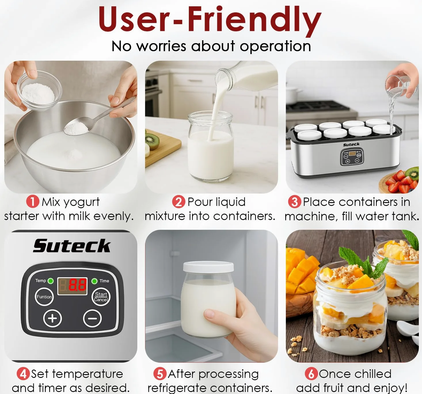 Suteck Máquina de yogur de acero inoxidable con control de tiempo y temperatura ajustable, apagado automático y temperamento constante para yogur griego, probiótico, sin BPA, 8 botellas