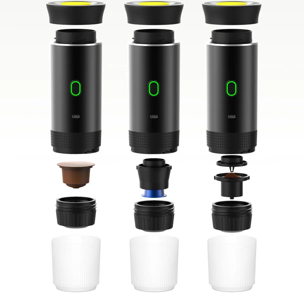 Cafetera inalámbrica portátil 3 en 1 para camping y viajes, batería recargable de 2500 mAh, máquina de café compacta para cápsulas/polvo, hogar, oficina, uso al aire libre (blanco)