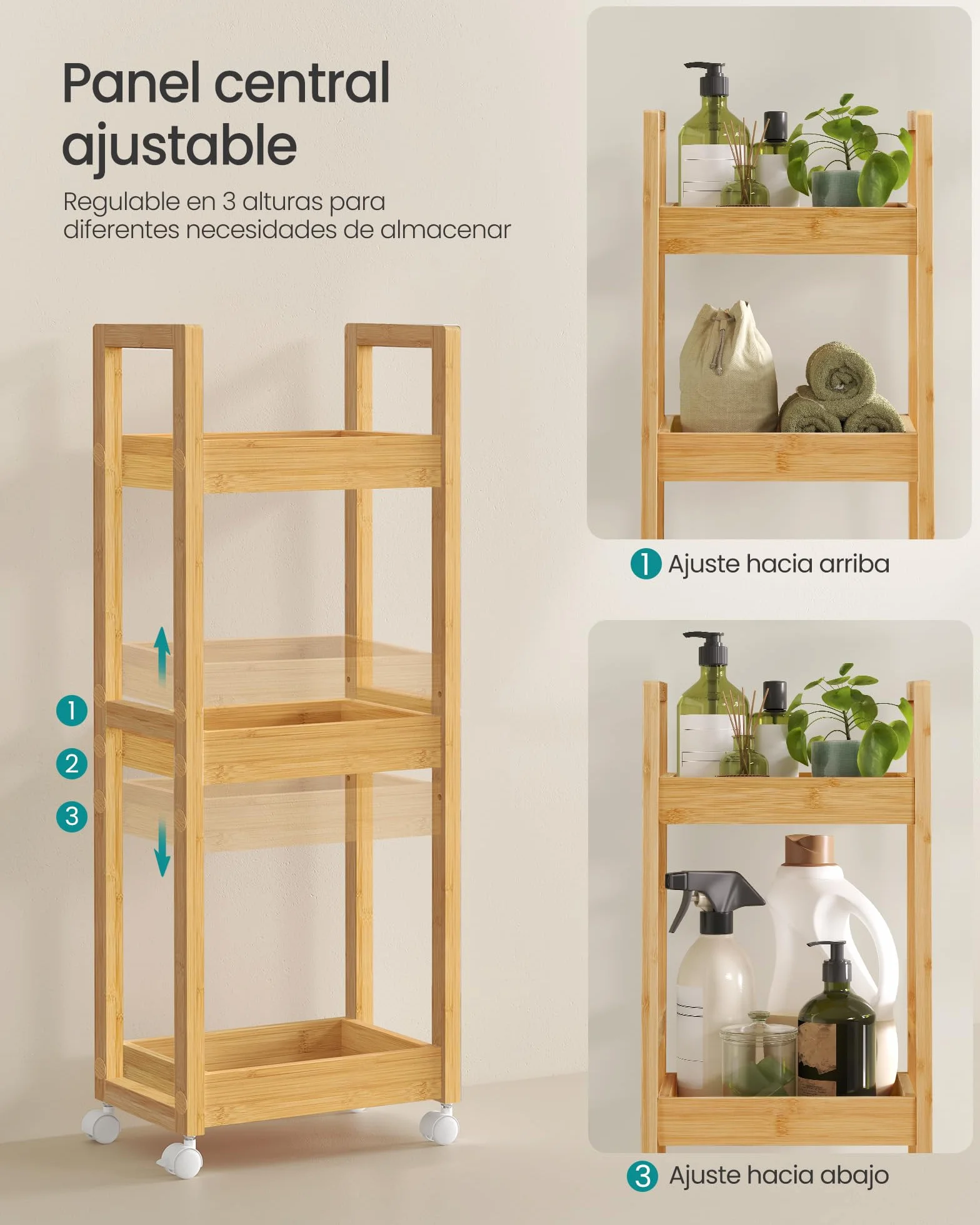 SONGMICS Carrito de Baño 3 Niveles Bambú Estrecho con Ruedas 20x30x80 cm Beige Natural