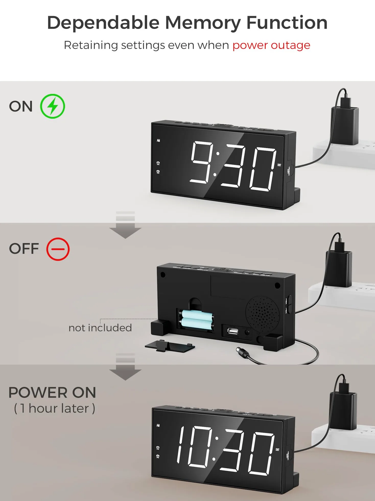 Reloj despertador para dormitorio, 2 relojes despertadores, pantalla grande LED fuerte, reloj con puerto de carga USB, volumen ajustable, regulable, repetición, reloj digital simple para dormir