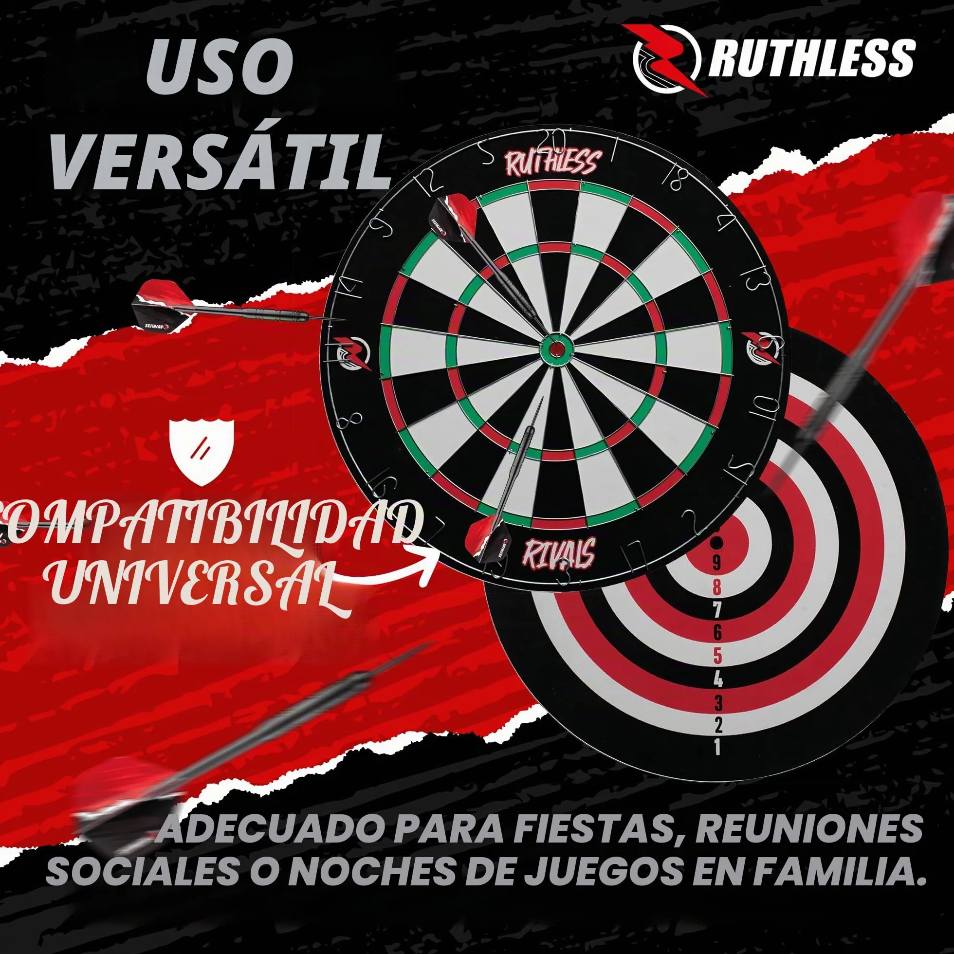 Ruthless Rivals DB074 Juego de mesa de dardos de doble cara 18 pulgadas diana familiar con 2 juegos de dardos