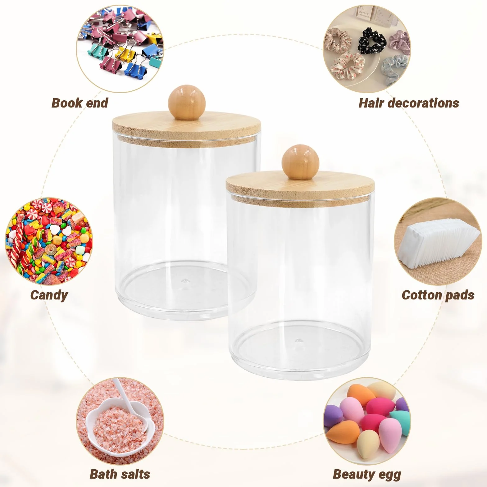 4 recipientes de algodón acrílico para guardar almohadillas de algodón con tapas de bambú Qtip, caja para huevos de belleza, hilo dental, tampón, caramelos, artículos de papelería, joyas