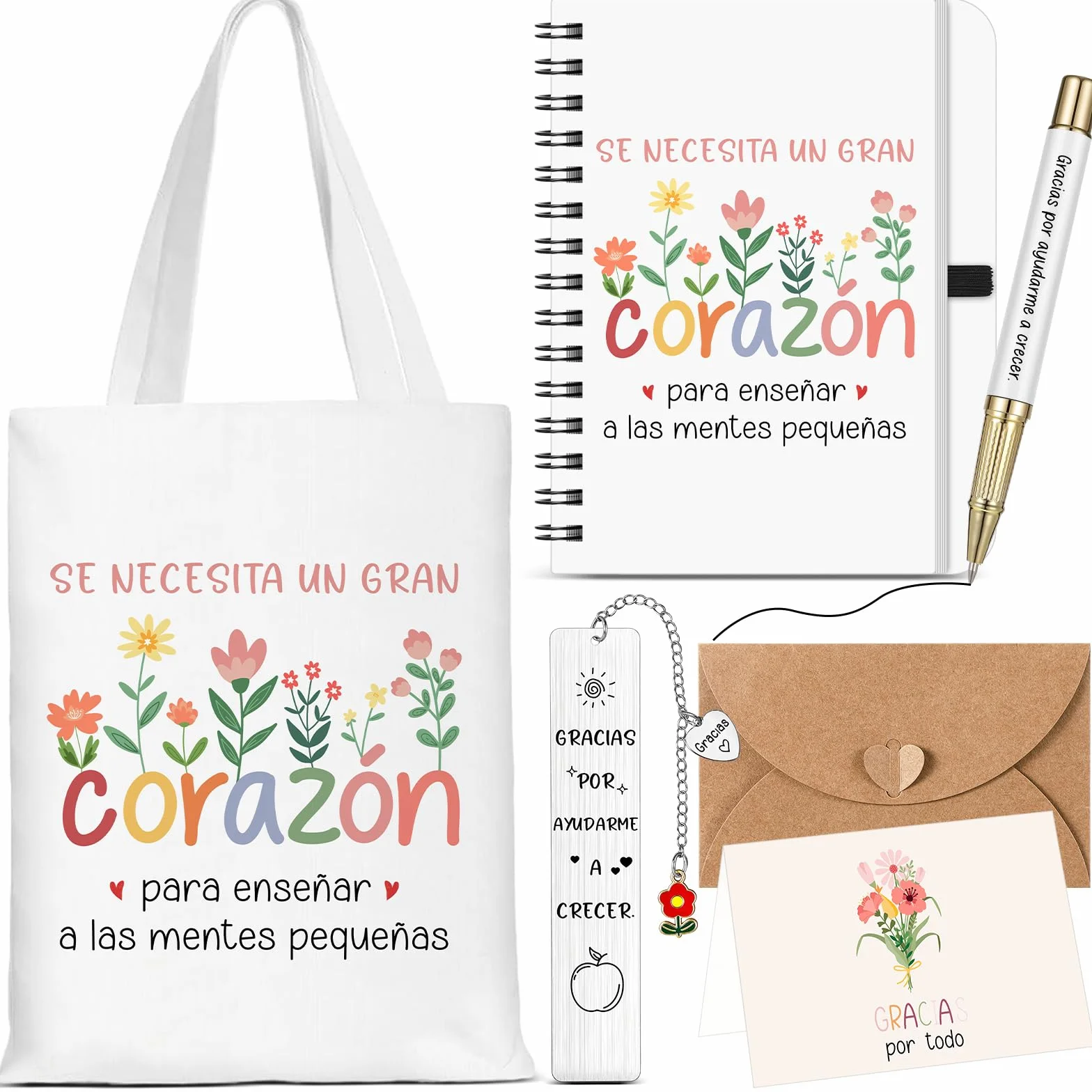 Sinmoe 6 Piezas Kit Regalos Profesora Infantil Regalo Maestra Bolsa Profesora Libreta Maestra Bolígrafo Tarjeta Agradecimiento con Sobre Marcadores de Libros de Metal para Graduación