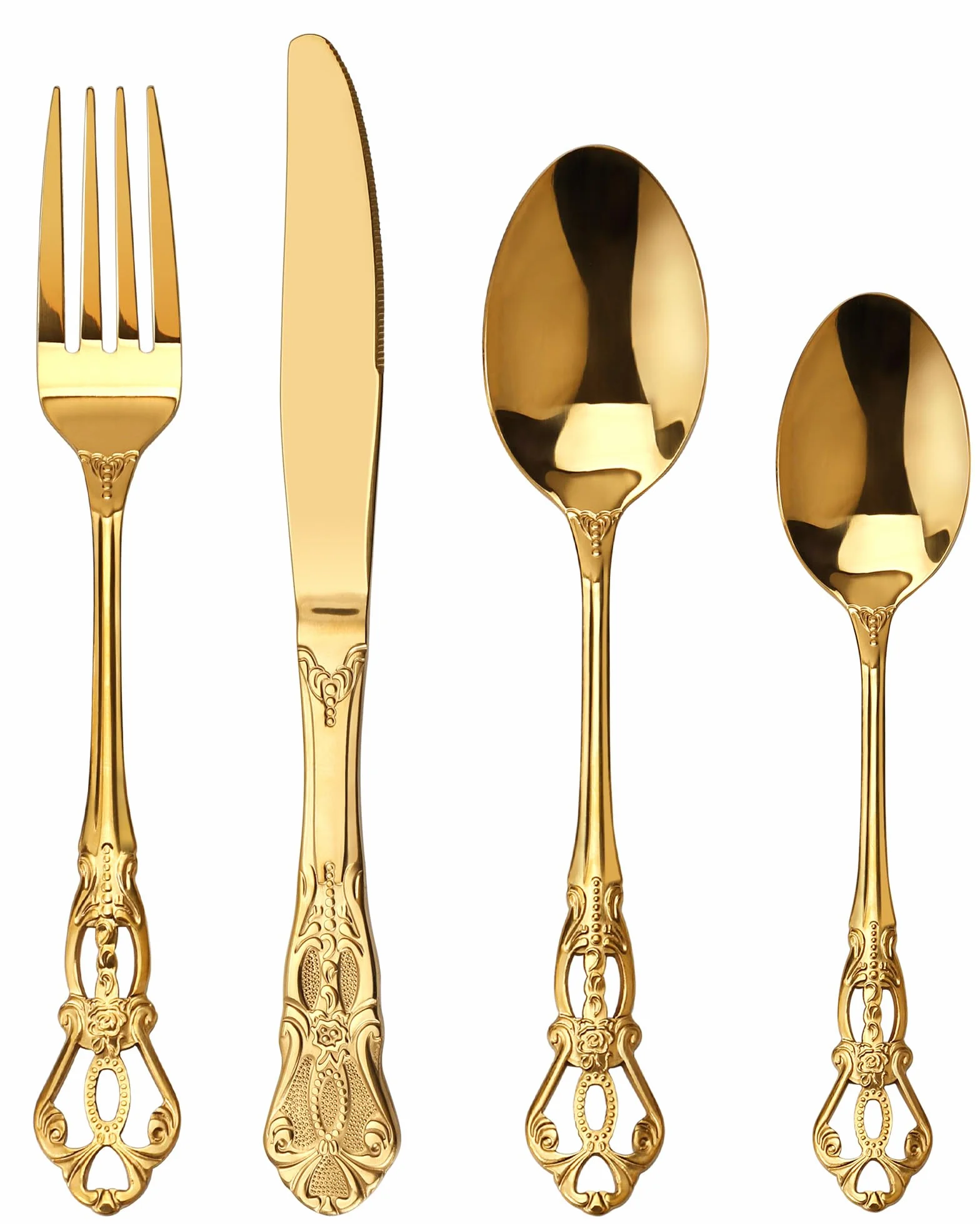 Juego de Cubiertos de Oro Retro para 6, Hermoso Set Dorado de Acero Inoxidable 24 Piezas, Servicio para 6, Tenedor Cuchara Cuchillo, Estilo Barroco Antiguo