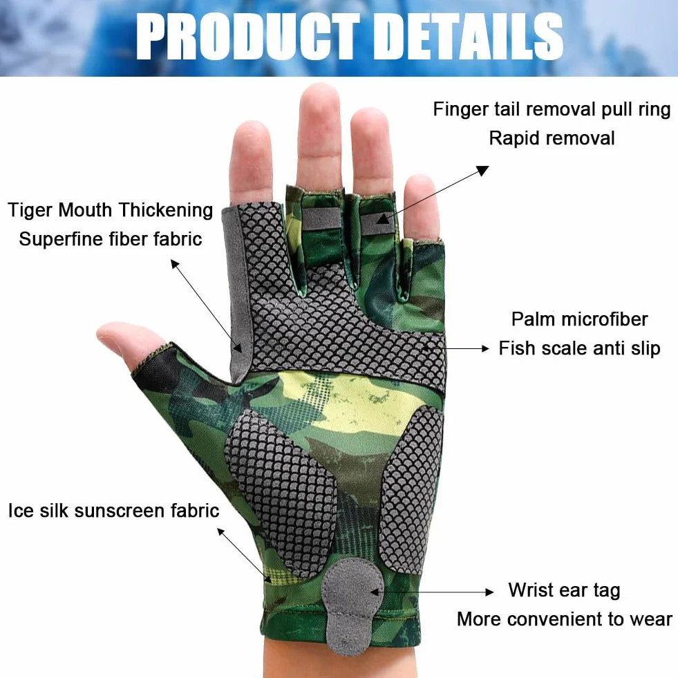 Guantes de Pesca sin Dedos, Guantes de Kayak con Protección Solar, Camuflaje, Antideslizantes para Senderismo y Ciclismo (Verde, XL)