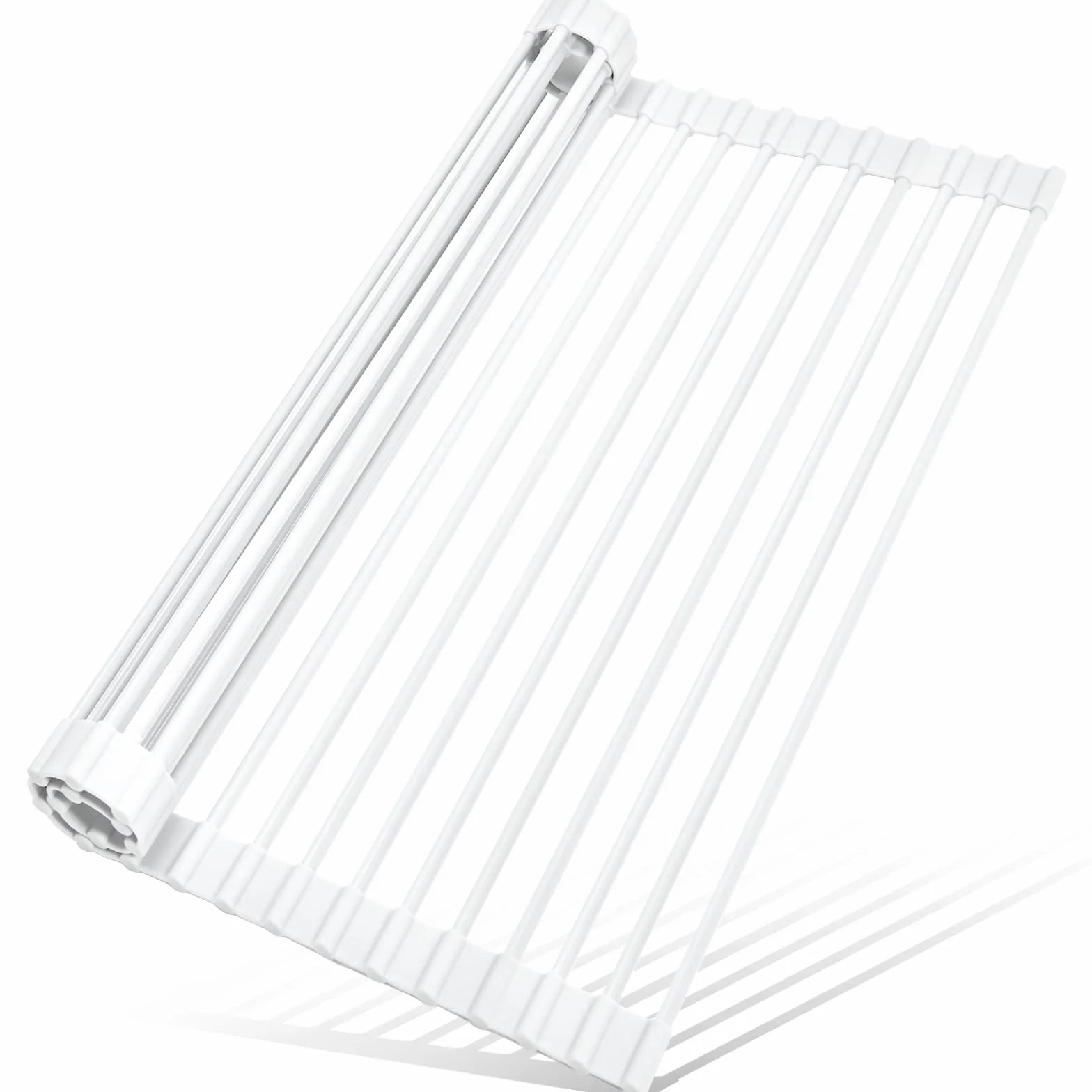 MERRYBOX Roll Up Over The Sink Dish Drying Rack Silicone Wrapped Foldable, Heat-Resistant, Anti-Slip Sink Rack Multipurpose Dish Drainer for Kitchen Sink Counter - White, 17.5" x 11"