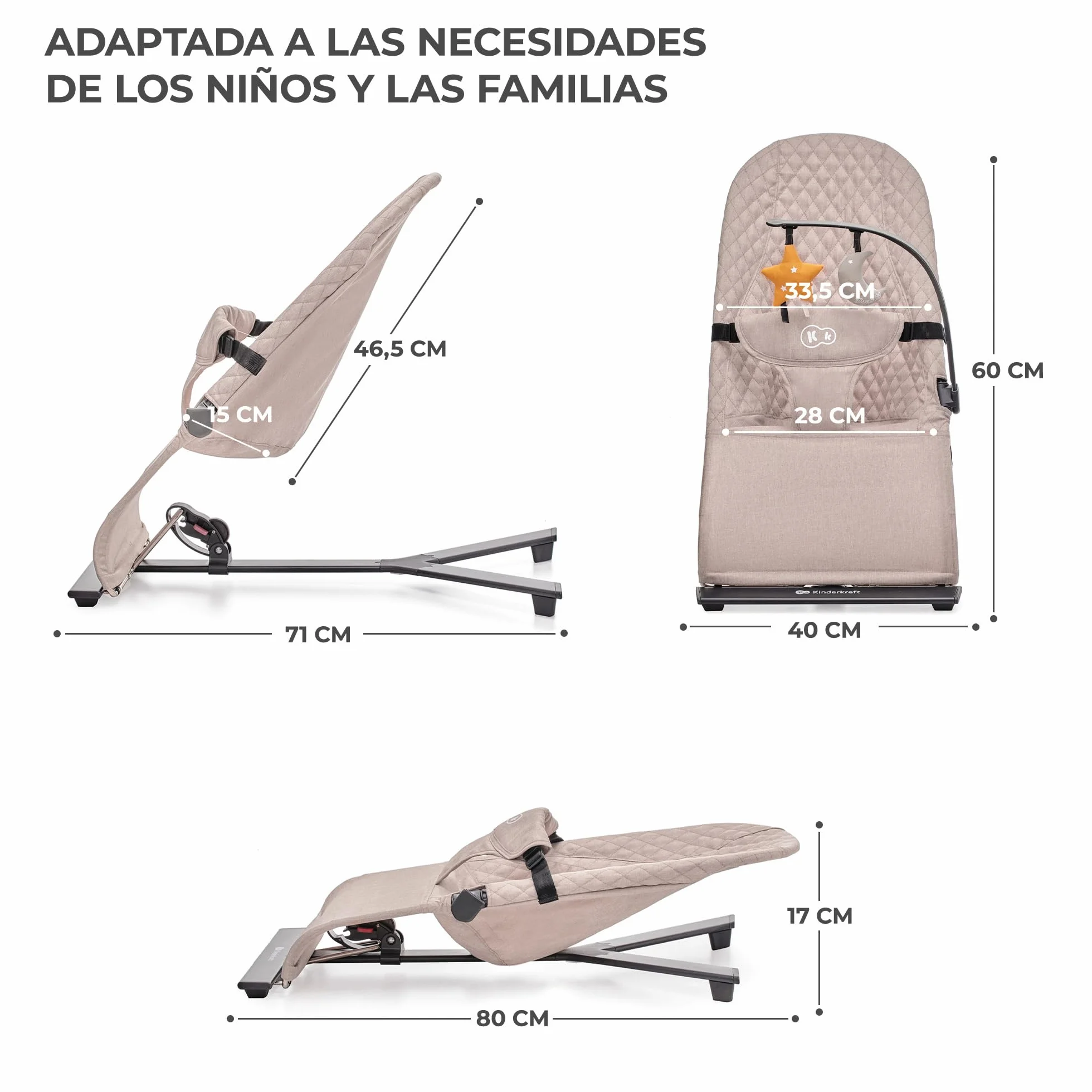 Kinderkraft MIMI Hamaca bebé Balancin 0-9 kg Plegado Compacto Reclinable una mano Movimiento natural Arco juguetes Beige