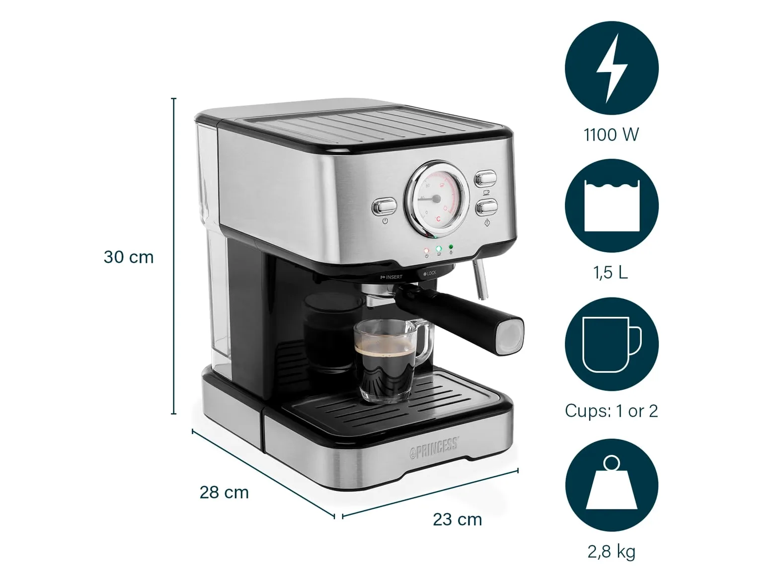 Máquina de café y cápsula con espumador de leche para capuchino, latte y espresso macchiato, 20 bares, color negro con acero inoxidable